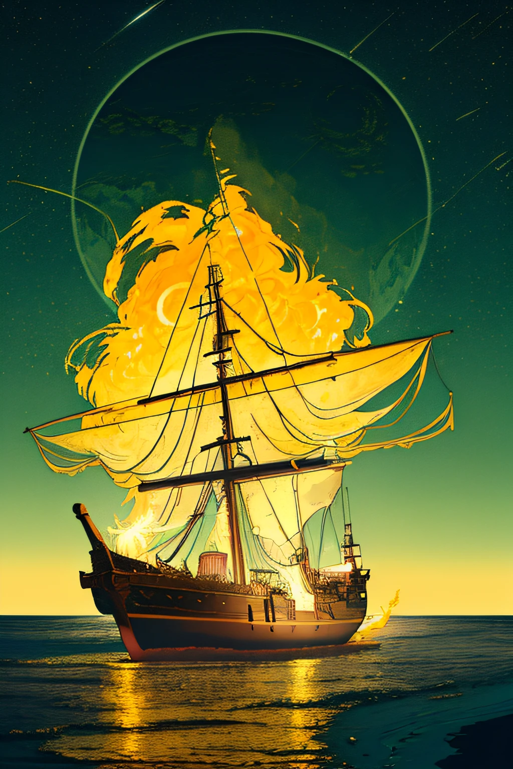 extremely detailed 8k wallpaper,(highly detailed:1.1), ((masterpiece:1.1)),[anime:Impasto:0.5], intricate , fantasy,(1ship),(ocean:1.2),[golden boat:golden boat with (green fire:1.2):0.1], clear sky ,wind ,beautiful sky,(nightsky),(galaxy), (huge blood moon in the background:1.05)