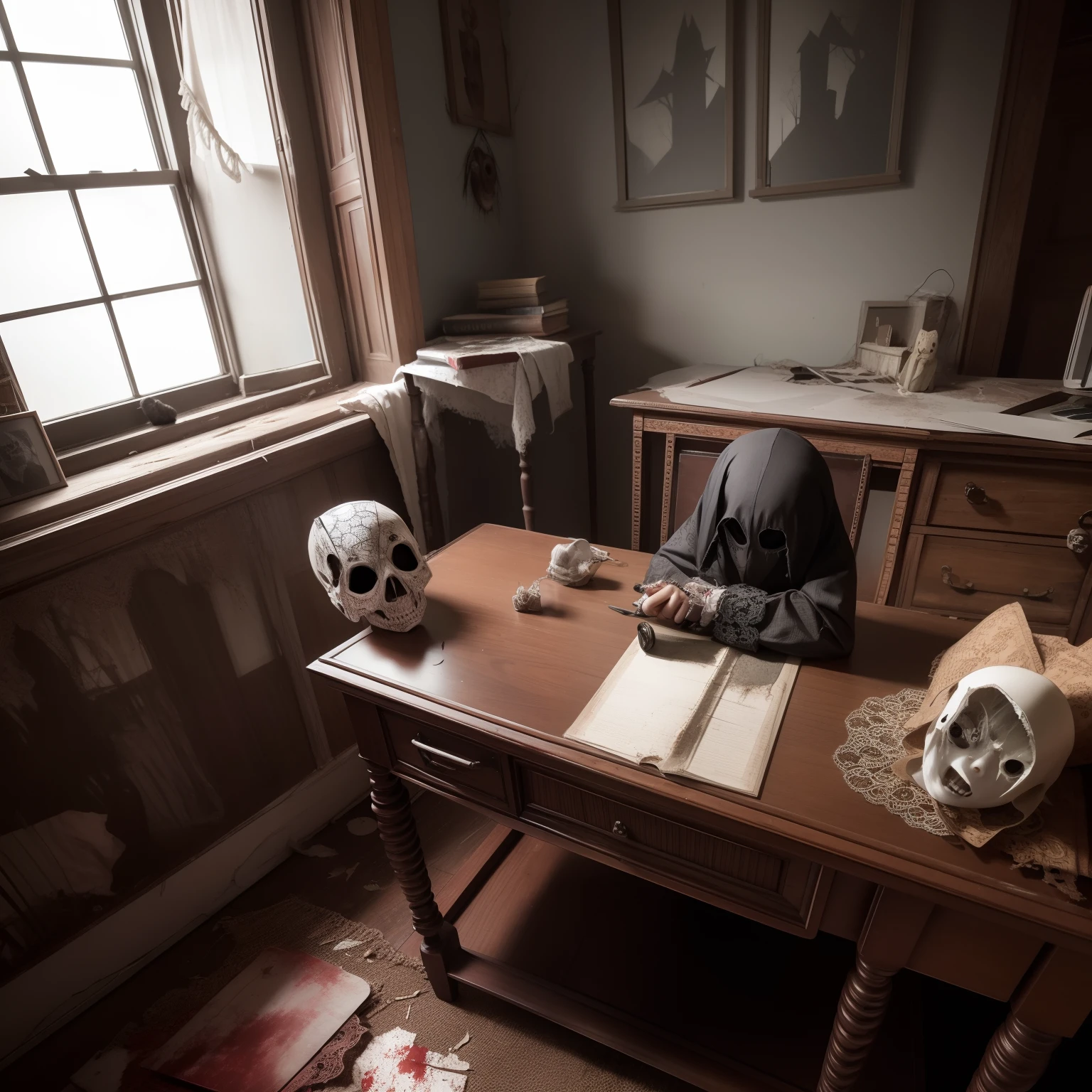 sittinng on the desk, Hollow eyes, cat ear,Blood, spiderwebs, Messy, doll, haunted, Abandoned mansion, Horror, Scary, ghost, eerie, No Man, No light