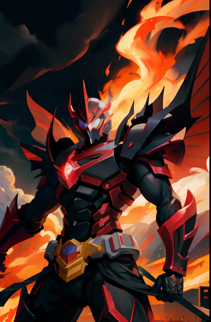"[Evil Kamen Rider:1.3, clad in black armor, adorned with a dragon belt, wielding fire fists, a menacing red visor, towering over a city engulfed in flames, under a dark and cloudy sky with pouring rain]."