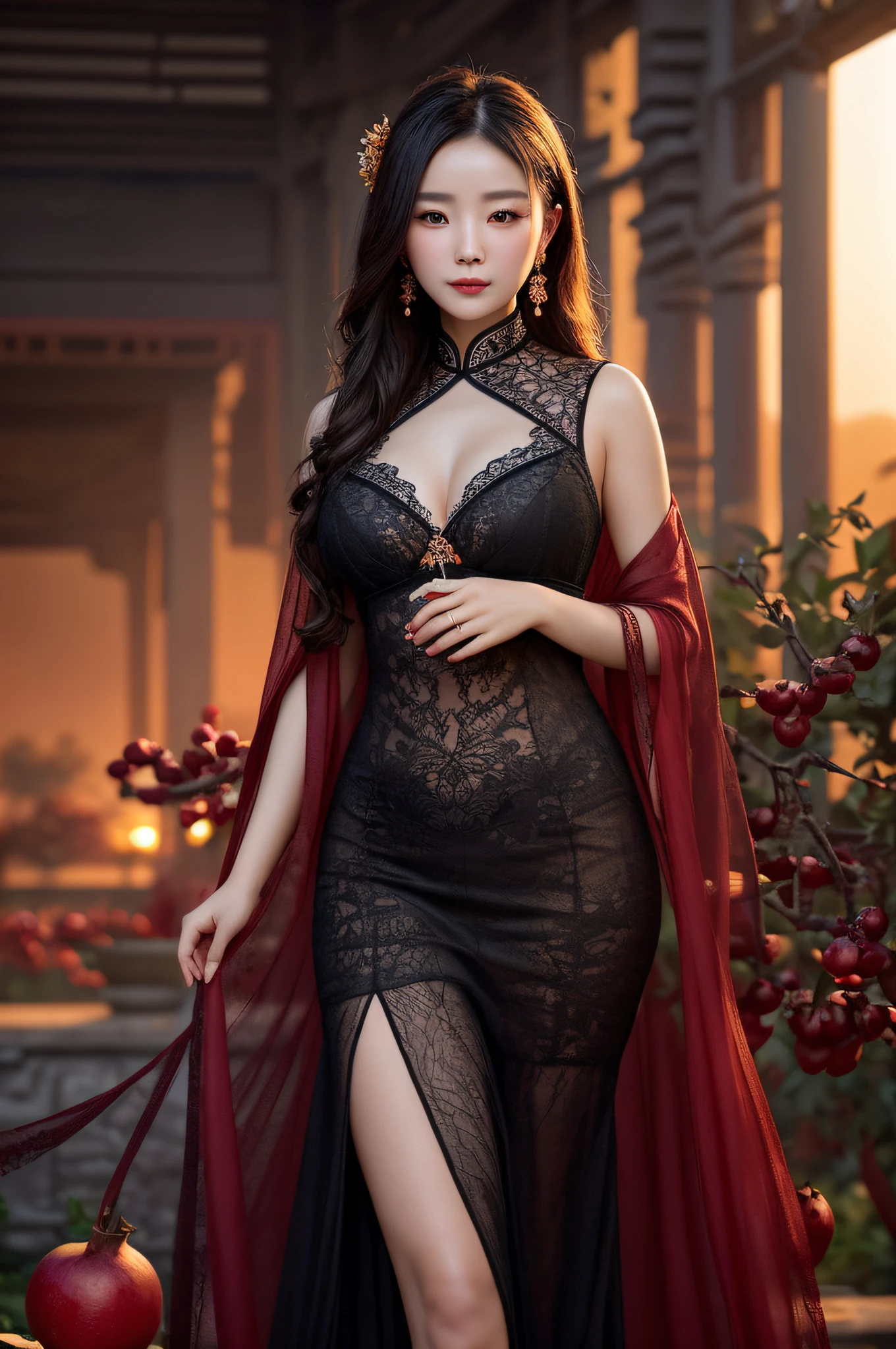 Chinese woman with perfect figure,Coffee curls,Open chest,Black sheer yarn,detailed realistic hands,Dusk sunset in the background of pomegranate garden,Fantastic sky,Pomegranate fruit,Strong light,Front fill light,Cinematic lighting effects,Realistic and delicate,Best picture quality,exquisitedetails,A high resolution,glowing effect。