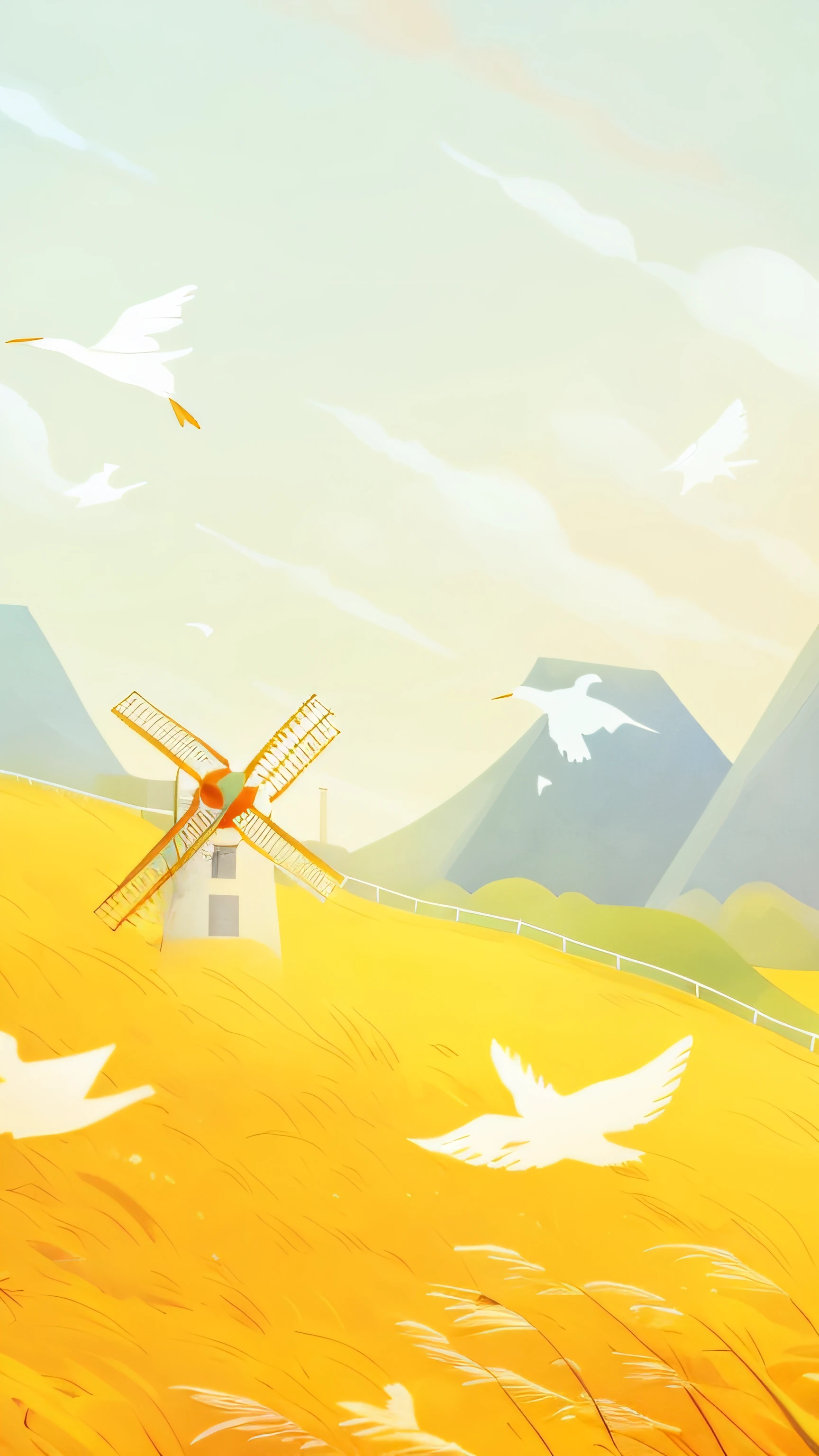 There are many birds flying around the windmills in the fields, background artwork, A beautiful artwork illustration, dreamlike illustration, blurry and dreamy illustration, animation illustrative style, blurry and dreamy illustration, anime countryside landscape, windmills, arte de fundo, Landscape illustration, 4 k hd illustrative wallpaper, by Atey Ghailan, Fine quality illustrations, painting illustration,thatch,(((phragmites)))