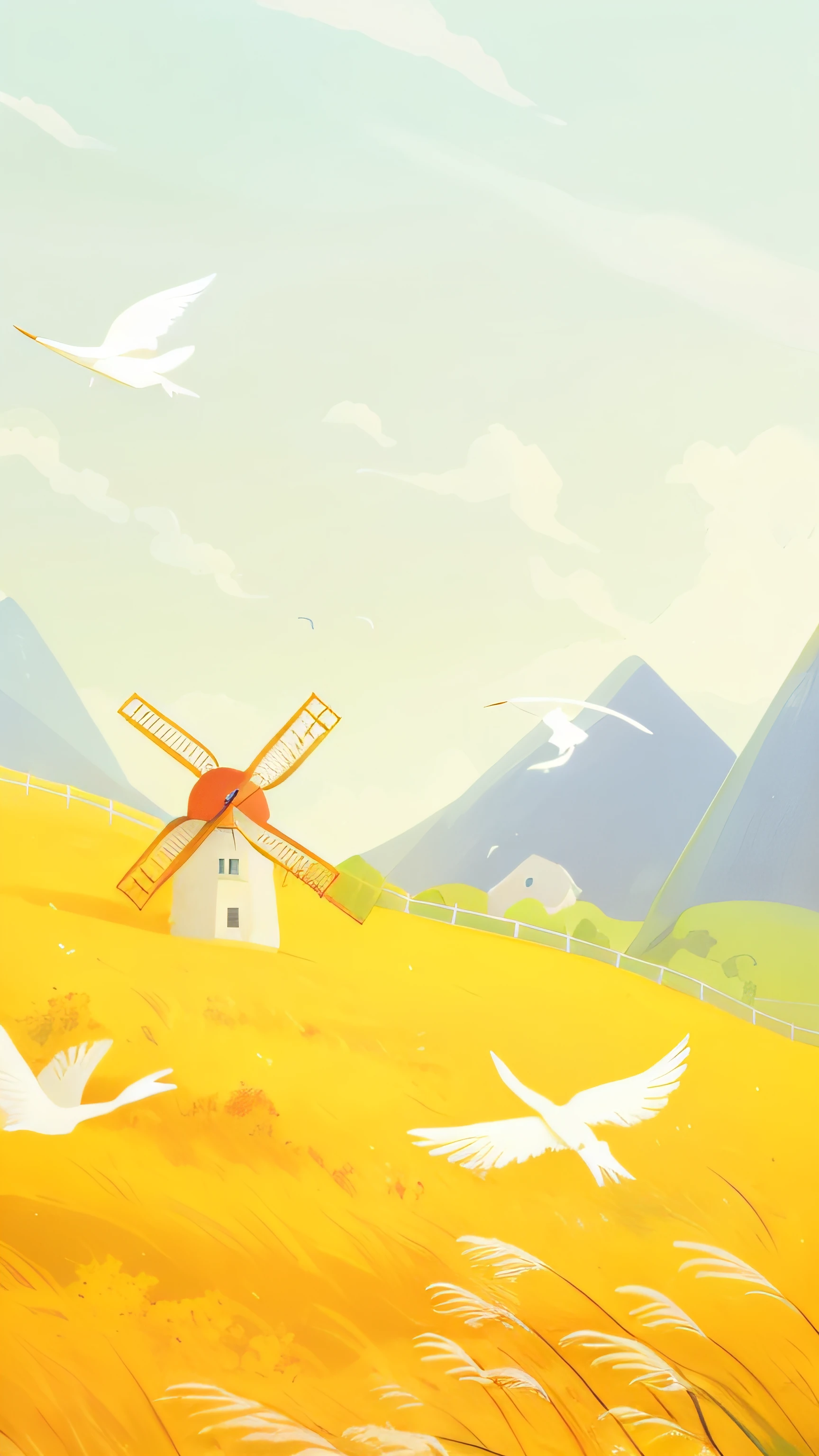 There are many birds flying around the windmills in the fields, background artwork, A beautiful artwork illustration, dreamlike illustration, blurry and dreamy illustration, animation illustrative style, blurry and dreamy illustration, anime countryside landscape, windmills, arte de fundo, Landscape illustration, 4 k hd illustrative wallpaper, by Atey Ghailan, Fine quality illustrations, painting illustration,thatch，（（（phragmites）））