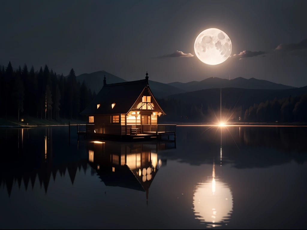 A bright moon in the sky,under moonlight,Calm lake,Reflections of trees on both sides,There is a simple wooden house next to it,A faint glimmer appeared in the windows of the wooden house