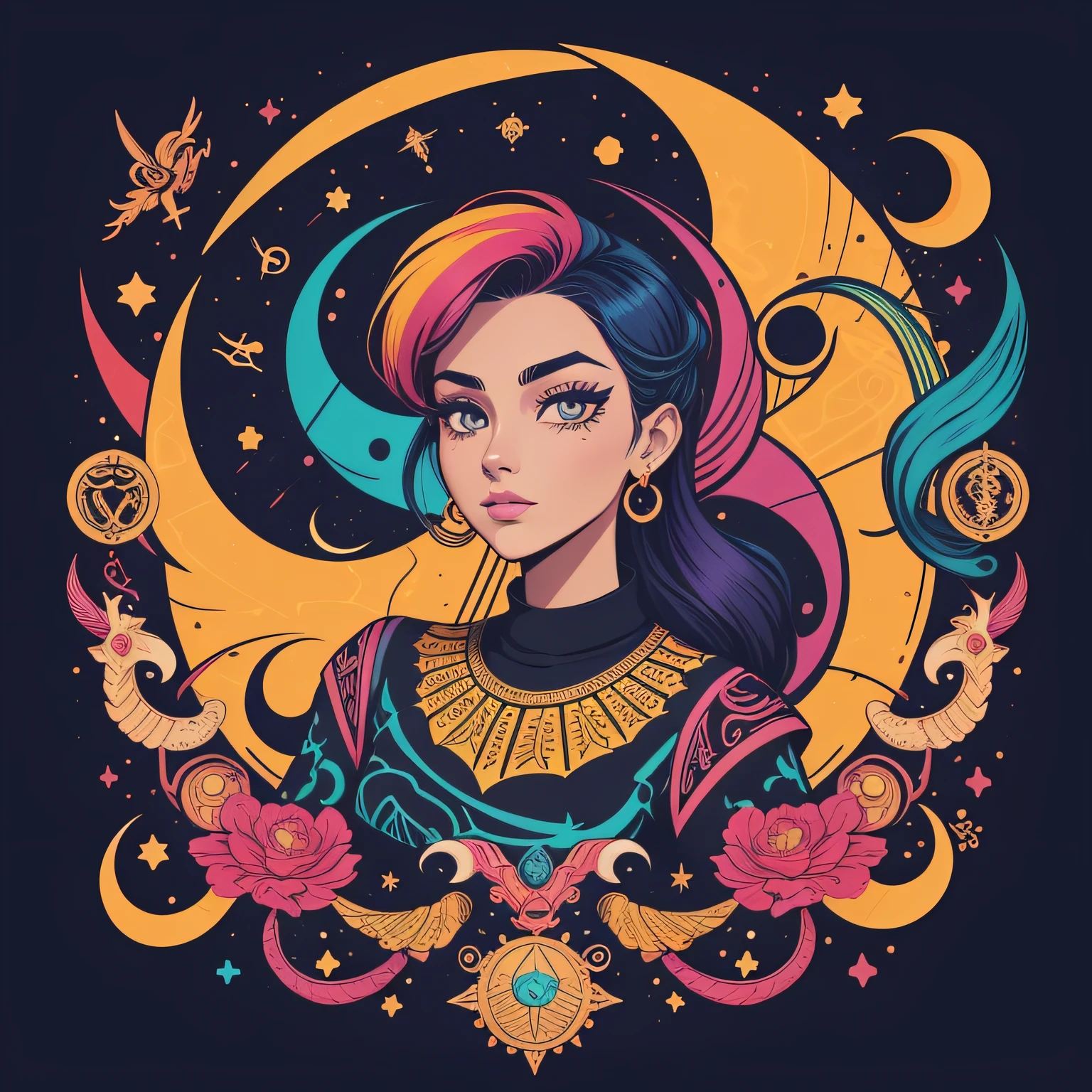 illustration of a cartoon illustration style astrology horoscope scorpio, colorful patterns, bold shades, and exaggerated features, extremely detailed, tshirt design, super detailed, trending on artstation, transparent background
