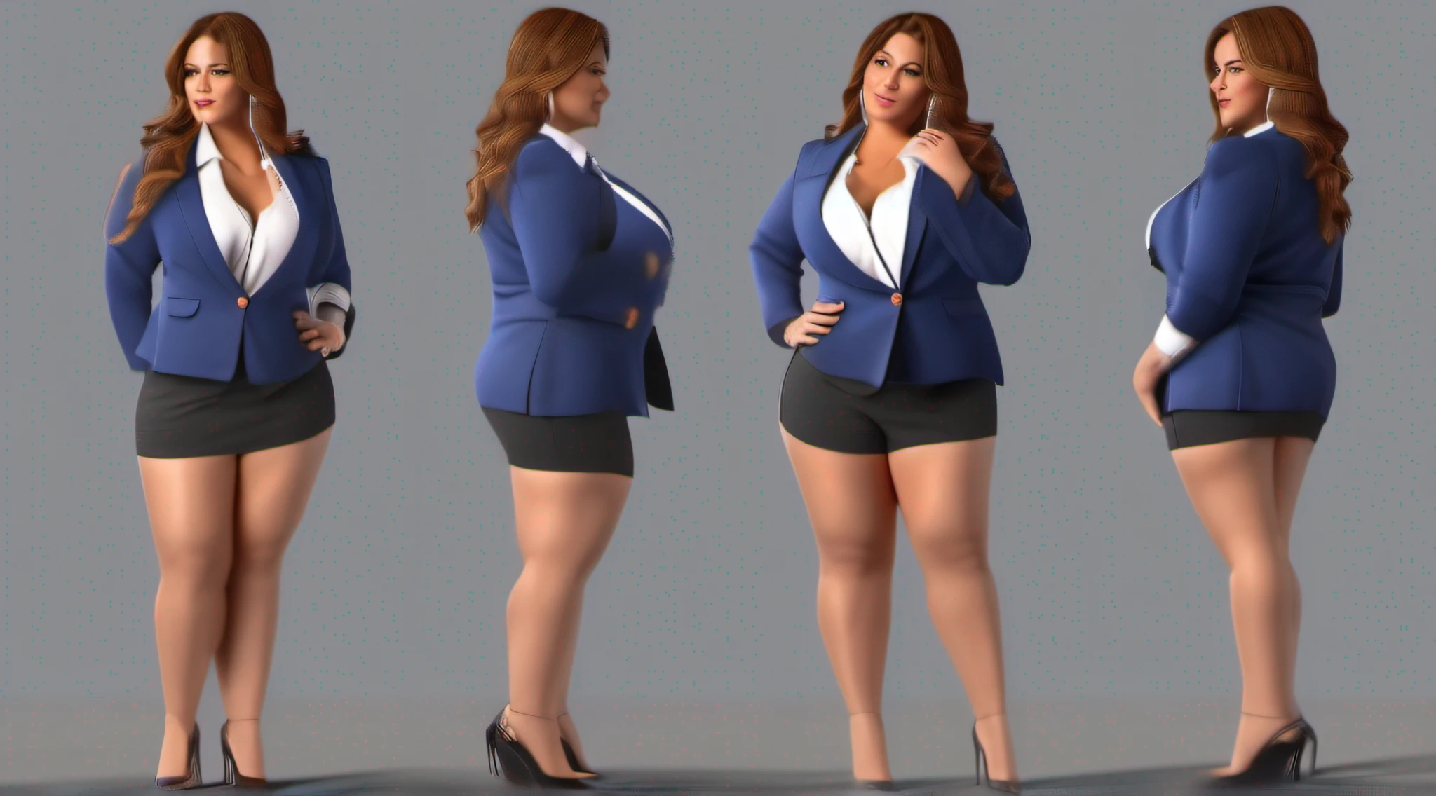 photographic full body character turnaround of beautiful curvy milf in suit. Multiple views of the same character in the same outfit. Photorealistic, subsurface scattering, photo real, 8k, hyperreal