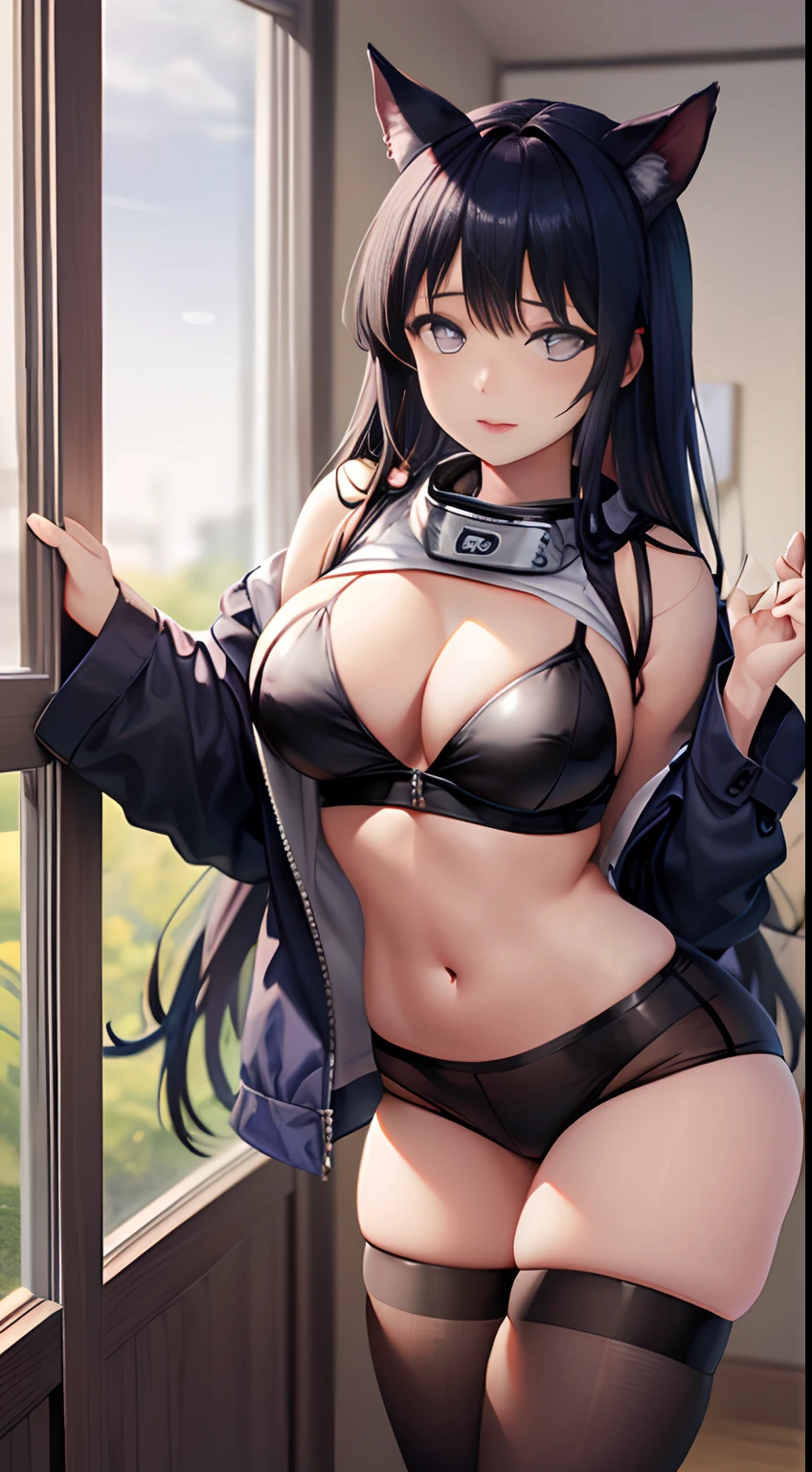 tmasterpiece， High- sharpness， high high quality， 详细的脸， detailed body render， 1girl， 独奏， hyuga hyuga， Hinata sleeveless clothing，big cleavage breasts，， sleeveless shirts， Fishing net clothing， Dark lips， Unzipped jacket， no brassiere，， standing on your feet， Be red in the face， （on bedroom）Erogenous posture，is shy，