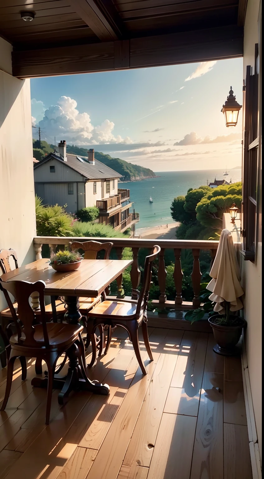 There is a balcony with a width of 672,Features views of the house and garden,Anime landscapes,Beautiful anime background,The balcony overlooks the sea and the beach,Anime countryside landscape in Shinkai Makoto style,Beautiful and serene scenes of anime depicted in detail。