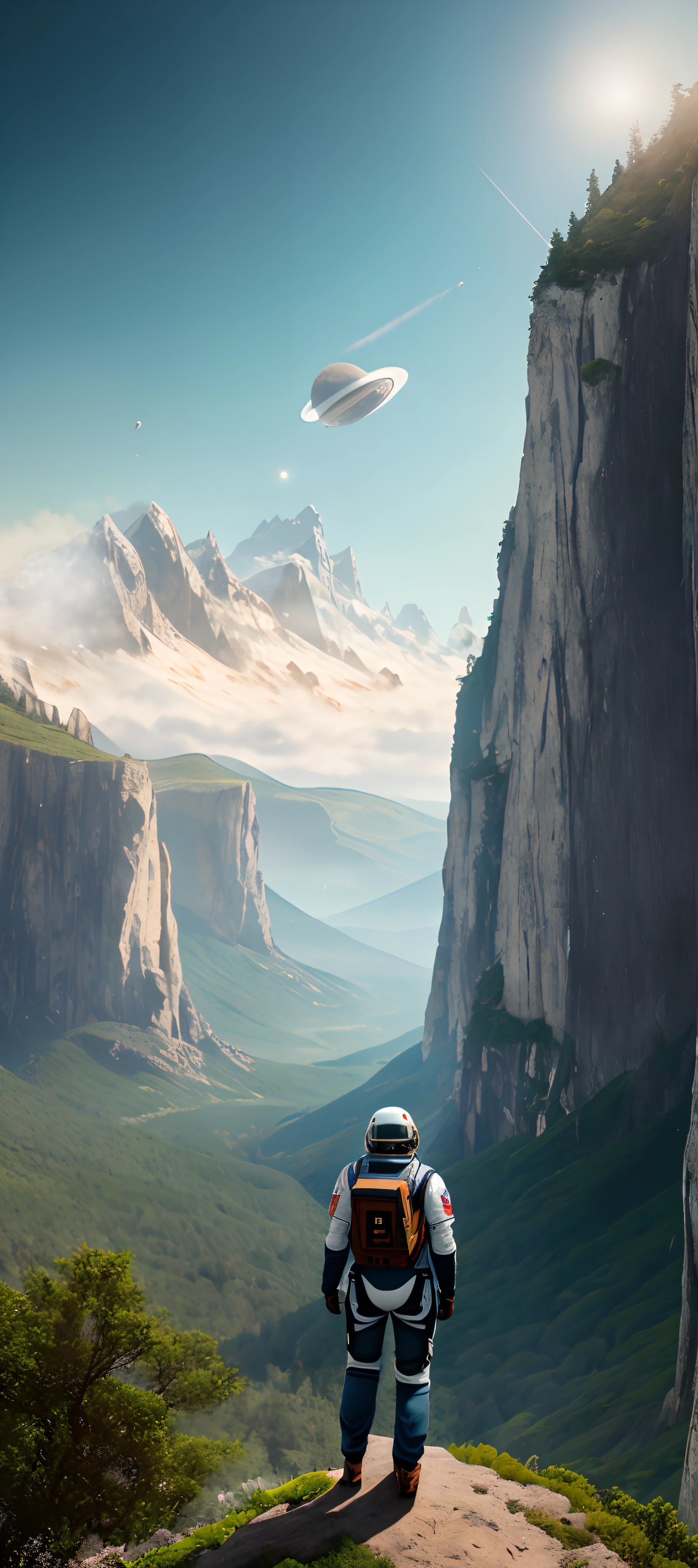 (35mmstyle:1.2), Highly detailed RAW color Photo, rear angle, full bodyesbian, af (Girl Space Marine, Wearing a white and red spacesuit, futuristic helmet, Tin plated mask, Rebreathers, accentuated booty), Outdoors, (Stand on the cliffs of the tall Rocky Mountains, Gaze out over the magical lush green rainforest on an alien planet), vivd details, (Exotic alien planet), Slim and beautiful body, (Sci-fi), (Mountains:1.1), (lush green vegetation), (two moons in sky:0.8), (Highly detailed, ultra - detailed, Intricate), (Lens flare:0.7), (full bloom:0.7), particle fx, Ray traching, Cinematic lighting, Shallow depth of field, photographed on a Sony a9 II, 35mm wide angle lens, Sharp focus, 《Gravity 2013》cinematic Film still from, Watching from behind, Dynamic Angle