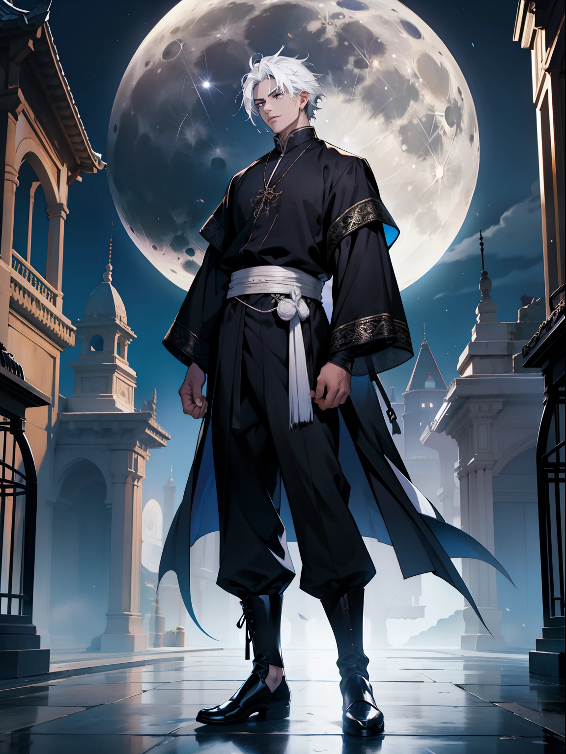 of a guy,Douluo Continent costume,standing on your feet,nigth,Black clothes,White hair,Full moon,Cage,
