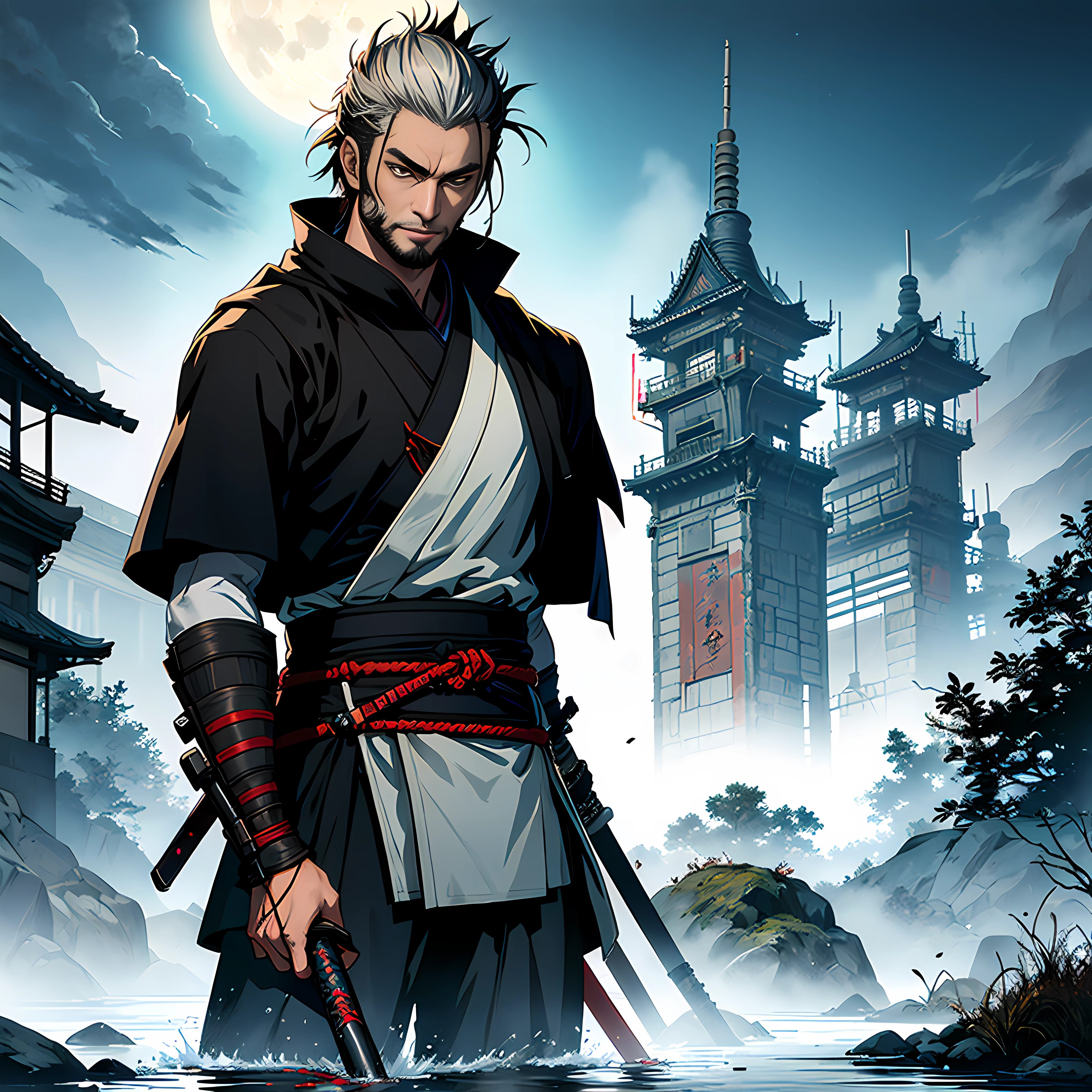 Isshin, the Sword Saint is a legendary warrior and the founder of the Ashina Clan. He is an old man with white hair and beard, wearing a blue kimono with black patterns and a white cloak. He carries a katana and a spear. He also has a gun hidden in his sleeve.
He awaits Sekiro in the great grass field where he first fought Genichiro Ashina, his grandson. The field is covered with blood and corpses of soldiers who died in the battle. The sky is dark and stormy, and lightning flashes occasionally. Isshin emerges from Genichiro’s body after he sacrifices himself to revive him using the Black Mortal Blade. He respects Sekiro as a worthy opponent and challenges him to a final duel for the fate of Ashina.
moon, dark theme, light, fantasy,