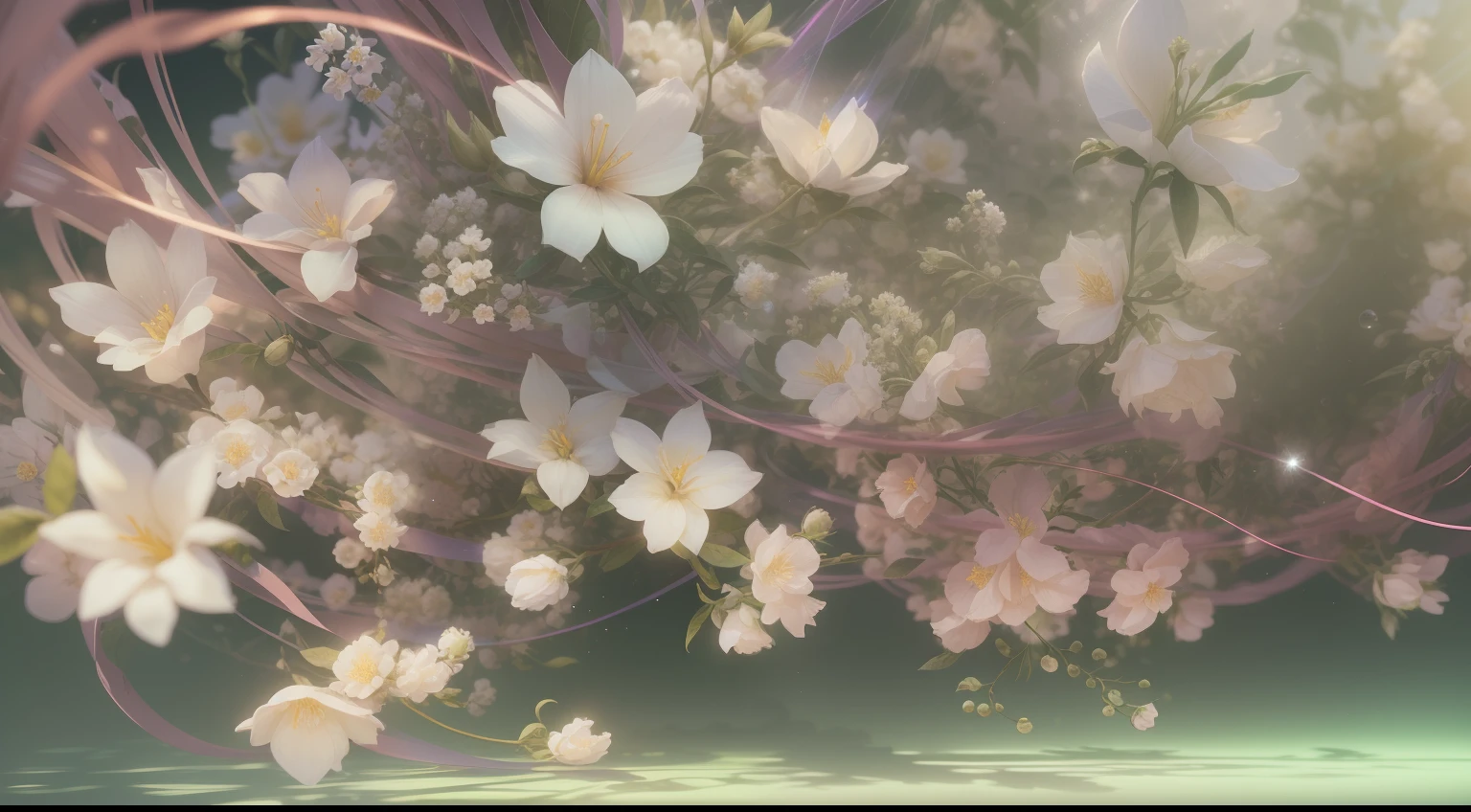100 jasmine flowers on light green background,surrealism, hyper photorealism, Chiaroscuro, Depth of field, JPEG artifacts, Wide shot, Perspective, Atmospheric perspective, in a panoramic view, Lens flare, hyper HD, Masterpiece, ccurate,cyber punk style,The horizontal line is located in the upper third of the picture。