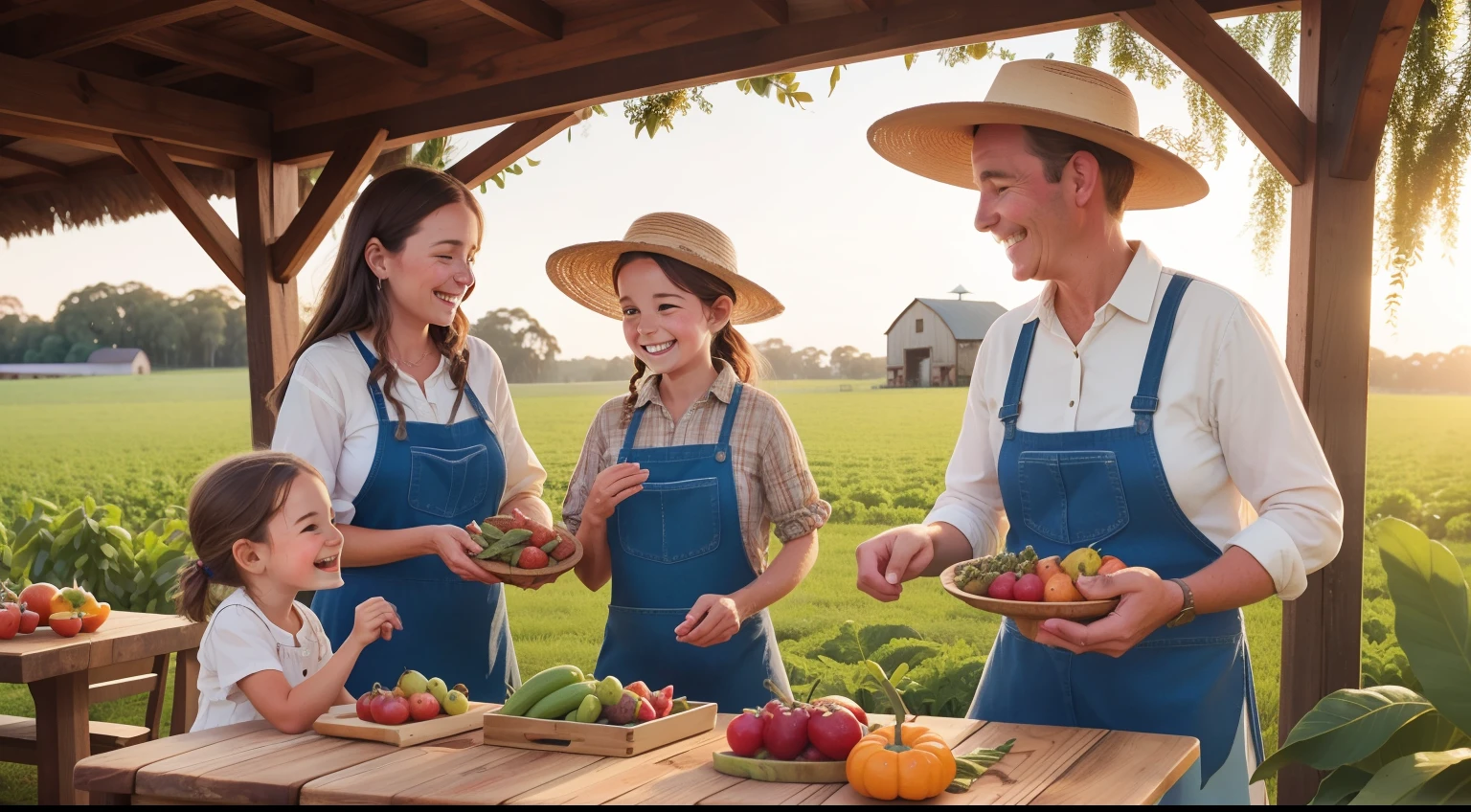 Farm-to-Table Harvest:
Bohannah and her family gather around a rustic wooden table outdoors, their hands touching freshly harvested produce. Their joyful expressions reflect a deep appreciation for the simple pleasures of farm-to-table living. Australian. Varied clothing.