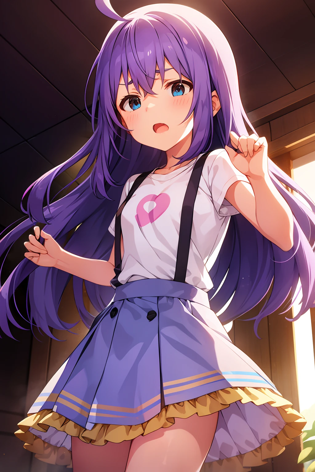 mochizuki anna,1girl in,Solo,Long hair,Purple hair,Medium chest.Ahoge,Blue eyes.Short stature.white t-shirts.suspenders.Skirt.Evening glow.the setting sun.Despair face.Sweat.Opening Mouth.up chest.Fighting stance.