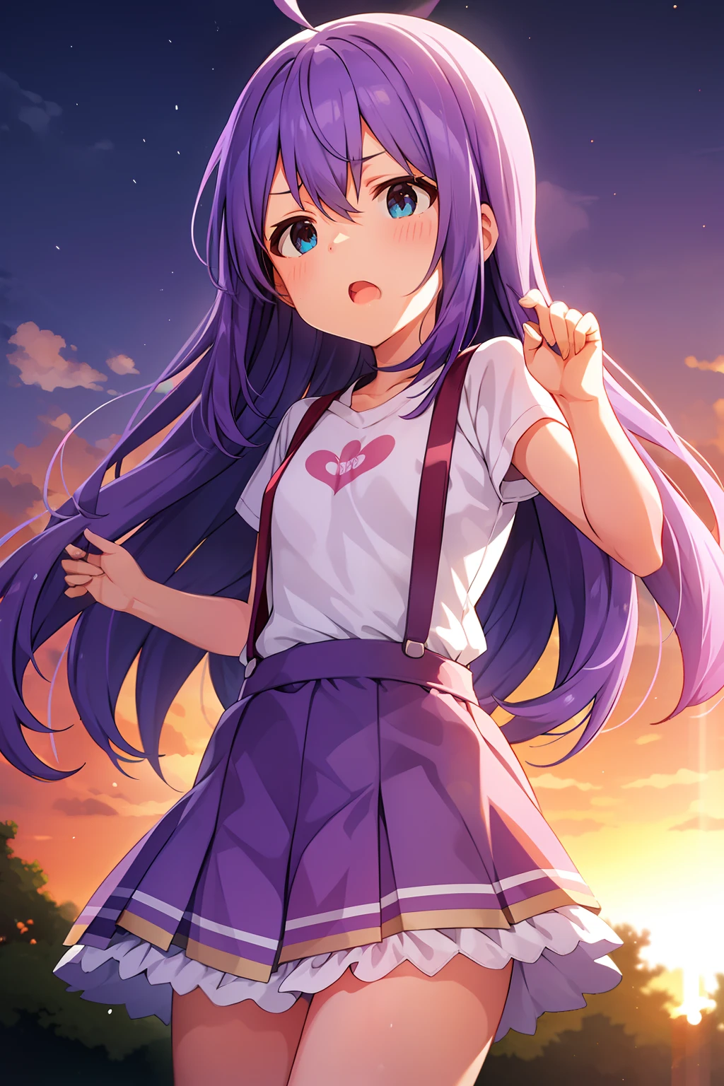 mochizuki anna,1girl in,Solo,Long hair,Purple hair,Medium chest.Ahoge,Blue eyes.Short stature.white t-shirts.suspenders.Skirt.Evening glow.the setting sun.Despair face.Sweat.Opening Mouth.up chest.Fighting stance.