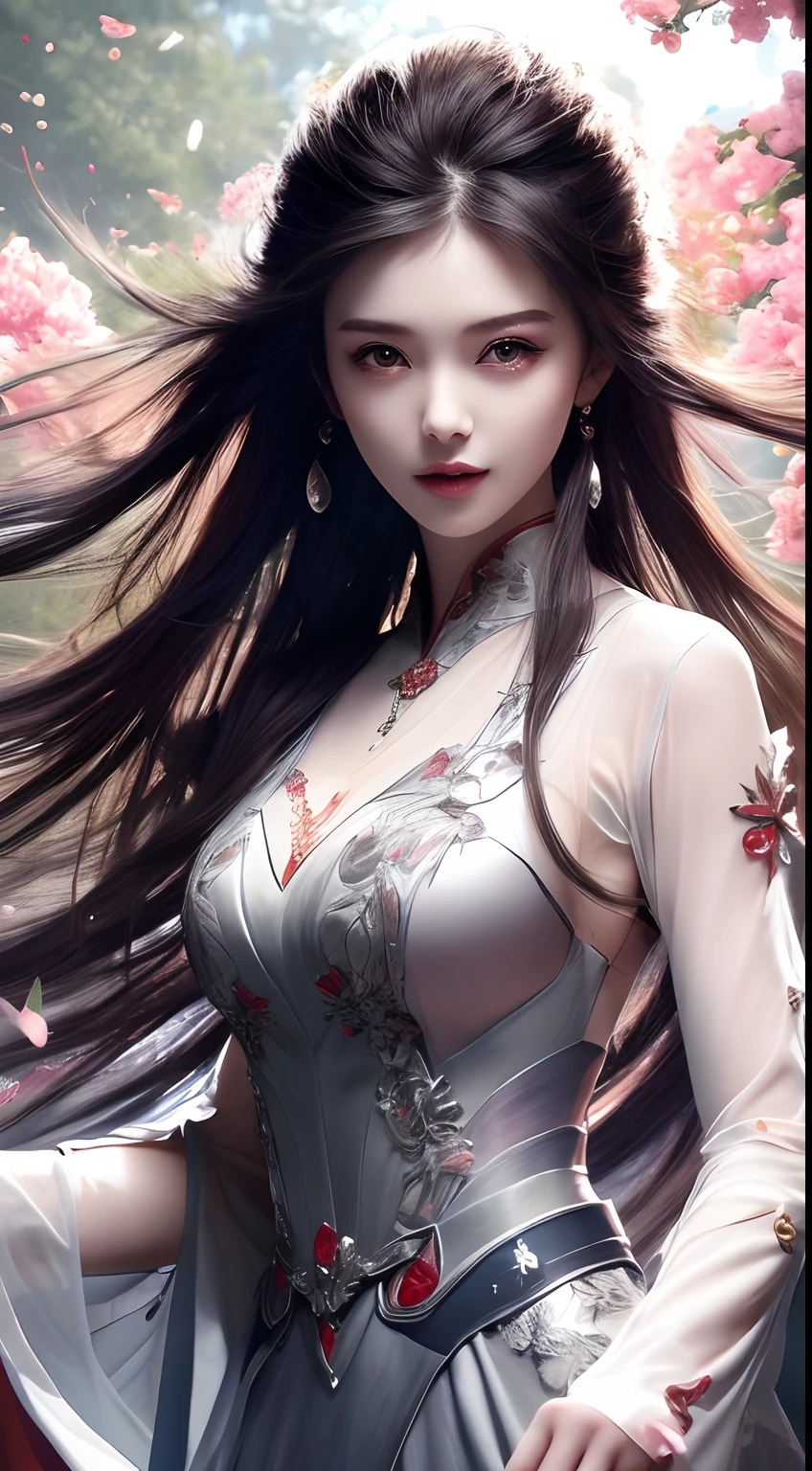8k ultra hd, mastermiece, a girl, good face, detailed, eyes, beautiful lips, very hong hair, spreading hair, medium breasts, wedding dress, orange dress, in the park, flying birds, blowing winds, clear weather, sitting, whole body capture,