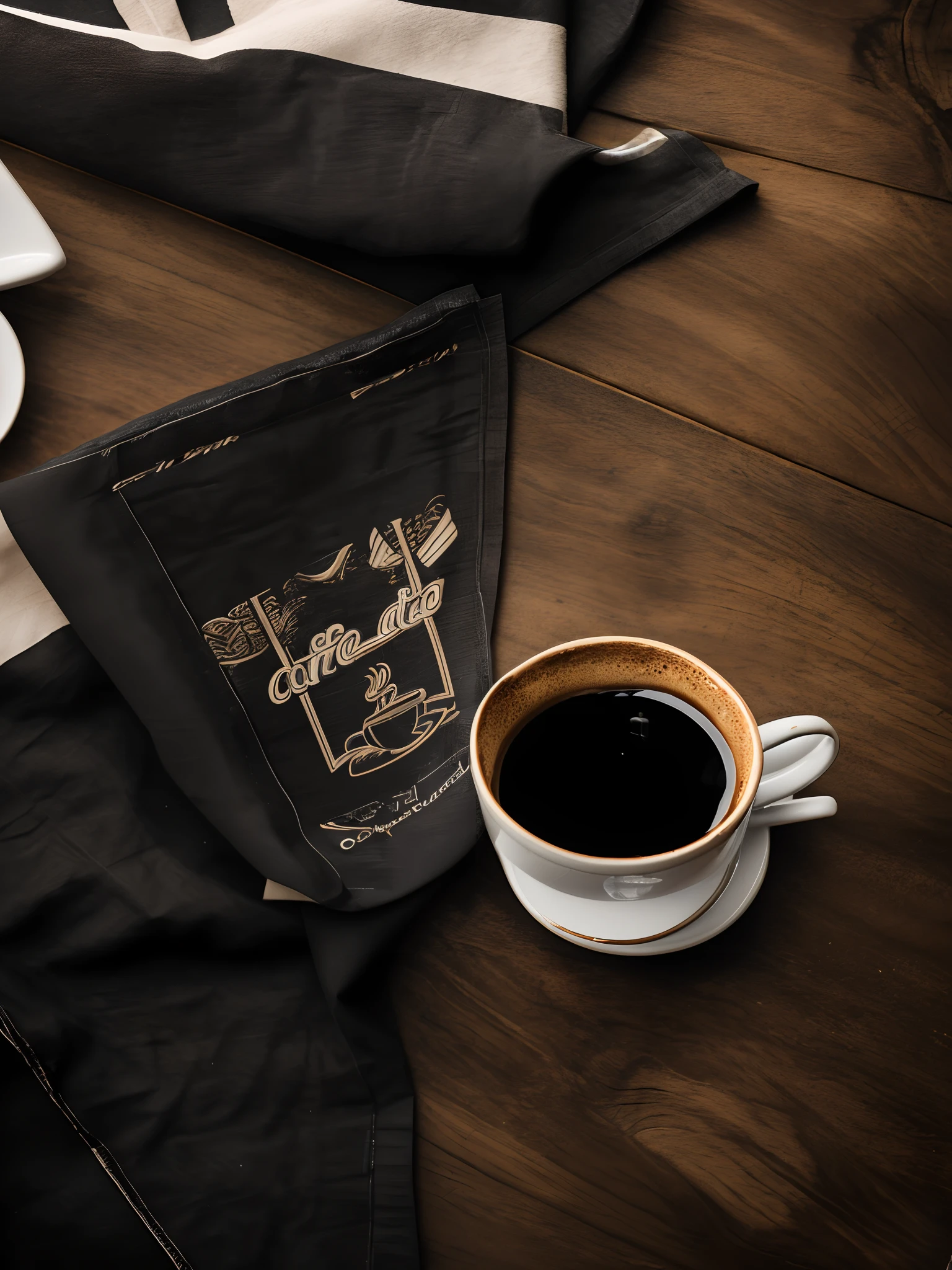 roasted coffee and a little beans spread over on a cloth with a cup of black coffee photographed with a 35mm HDR ultra realistic macro camera