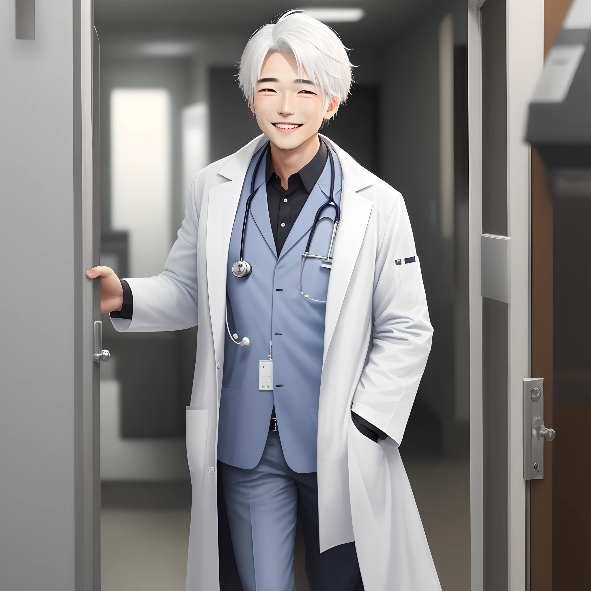 The white-haired angel doctor smiled in a white coat