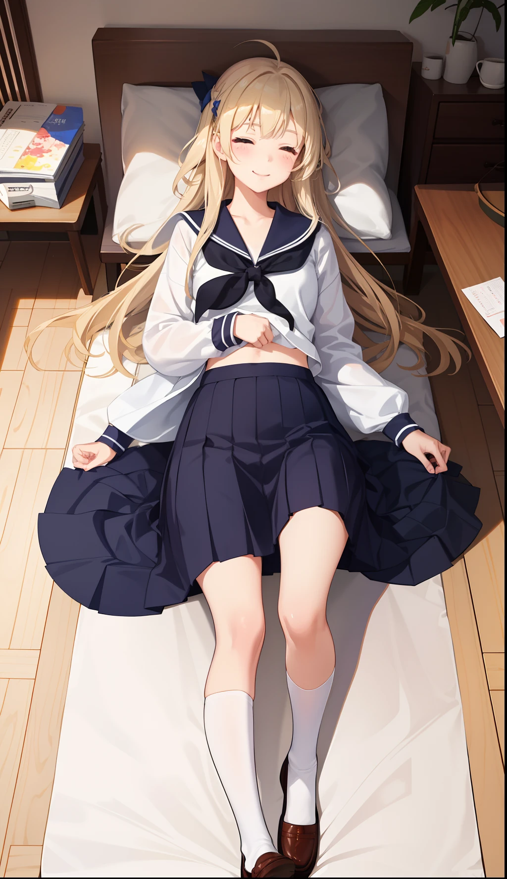 1girl in、A smile、The shirt、skirt by the、(small tits)Chilarism、Japan High School Student Uniform、serafuku、summer clothing、(Sheer Bra)、Upper body portrait、blonde hair、s asleep、Sleeping in large letters、