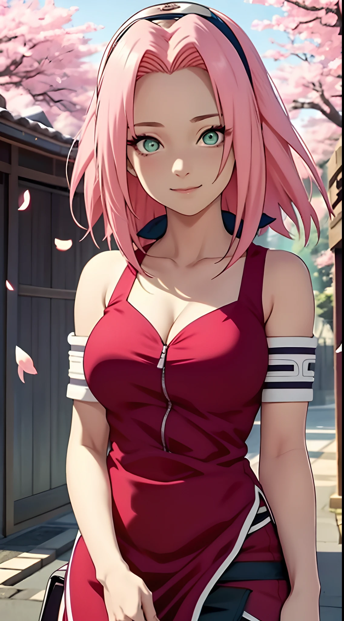 tmasterpiece， Best quality at best， 1girll， Sakura Haruno， Large breasts，Off-the-shoulder attire，（cleavage)，（upperbody closeup)，Raised sexy，is shy，ssmile，with pink hair， long whitr hair， （Green eyeballs:1.4)， Forehead protection， the cherry trees，Cherry blossoms flying，Red clothes，Zipper half