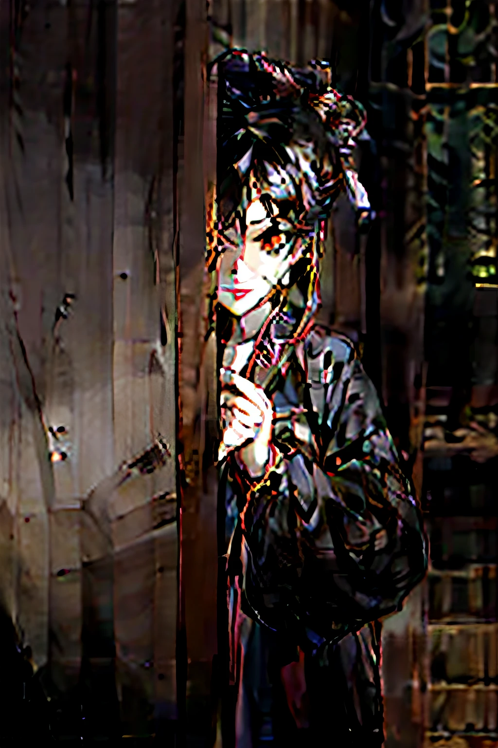 Red-eyed, Brunette mature woman wearing mask