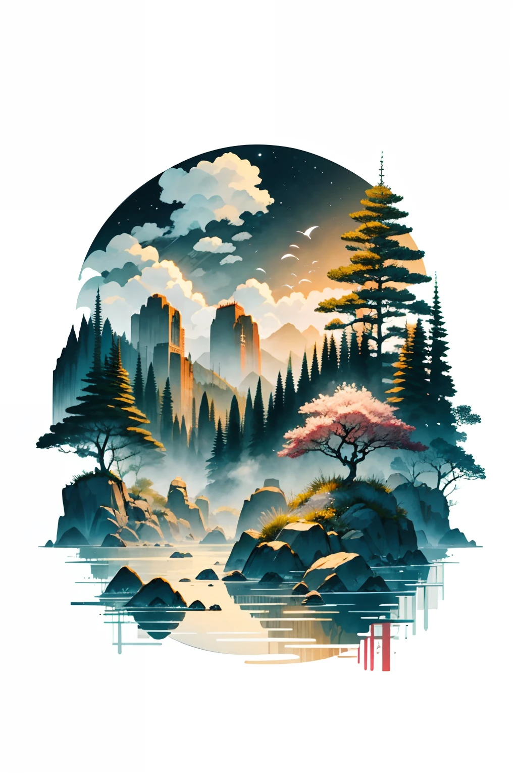 (best qualtiy),(tmasterpiece:1.1),(Very detailed CG unity 8k wallpaper:1.1 ),(in a panoramic view:1.4),Black and white ink landscape painting,Clear and sharp,((China-style)),In the setting sun,Wide river,There was a big boat parked in the river,There are many trees of different heights on the banks of the river,