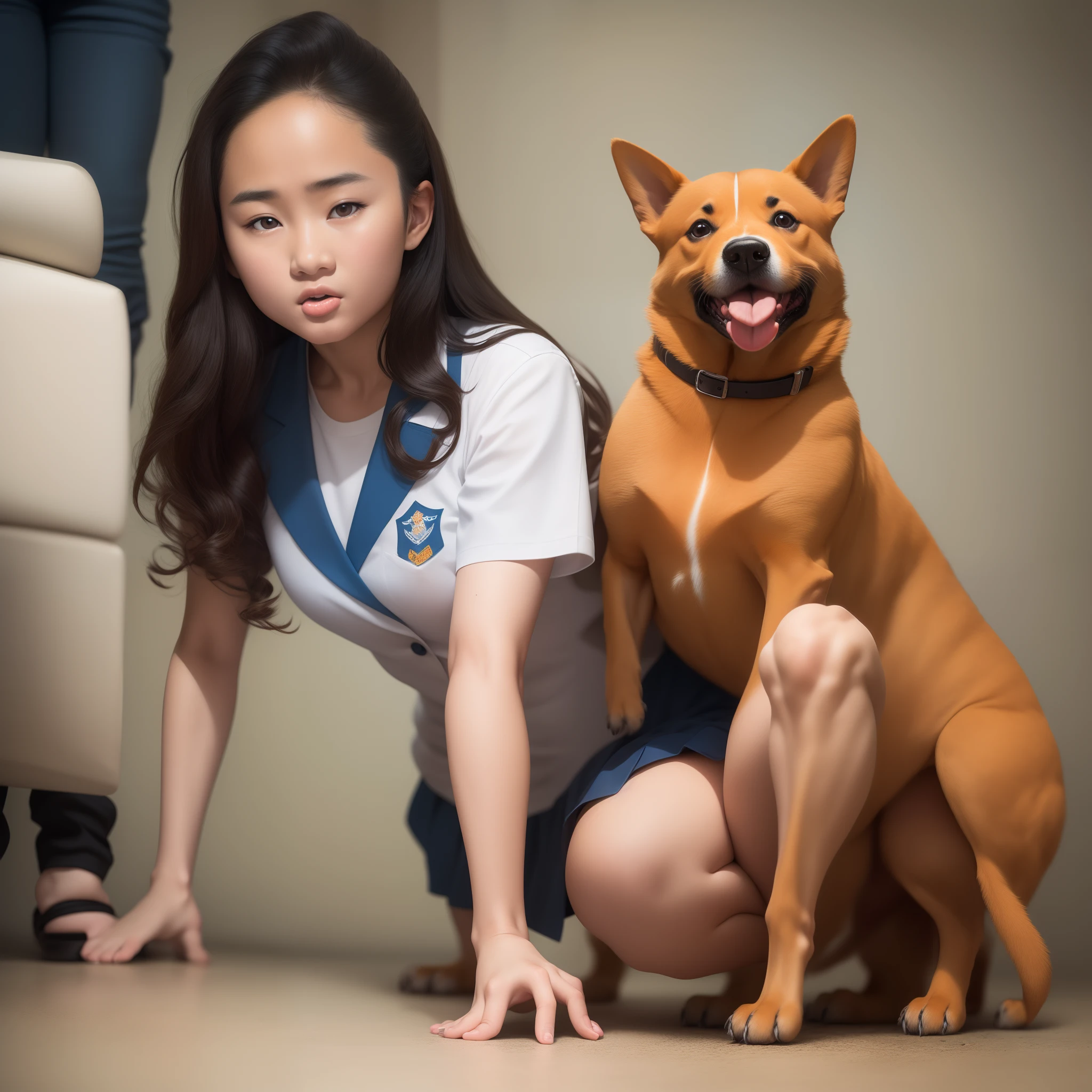 A junior high school student learns to crawl a dog wearing a school uniform，Stick out your tongue，Bare lower body