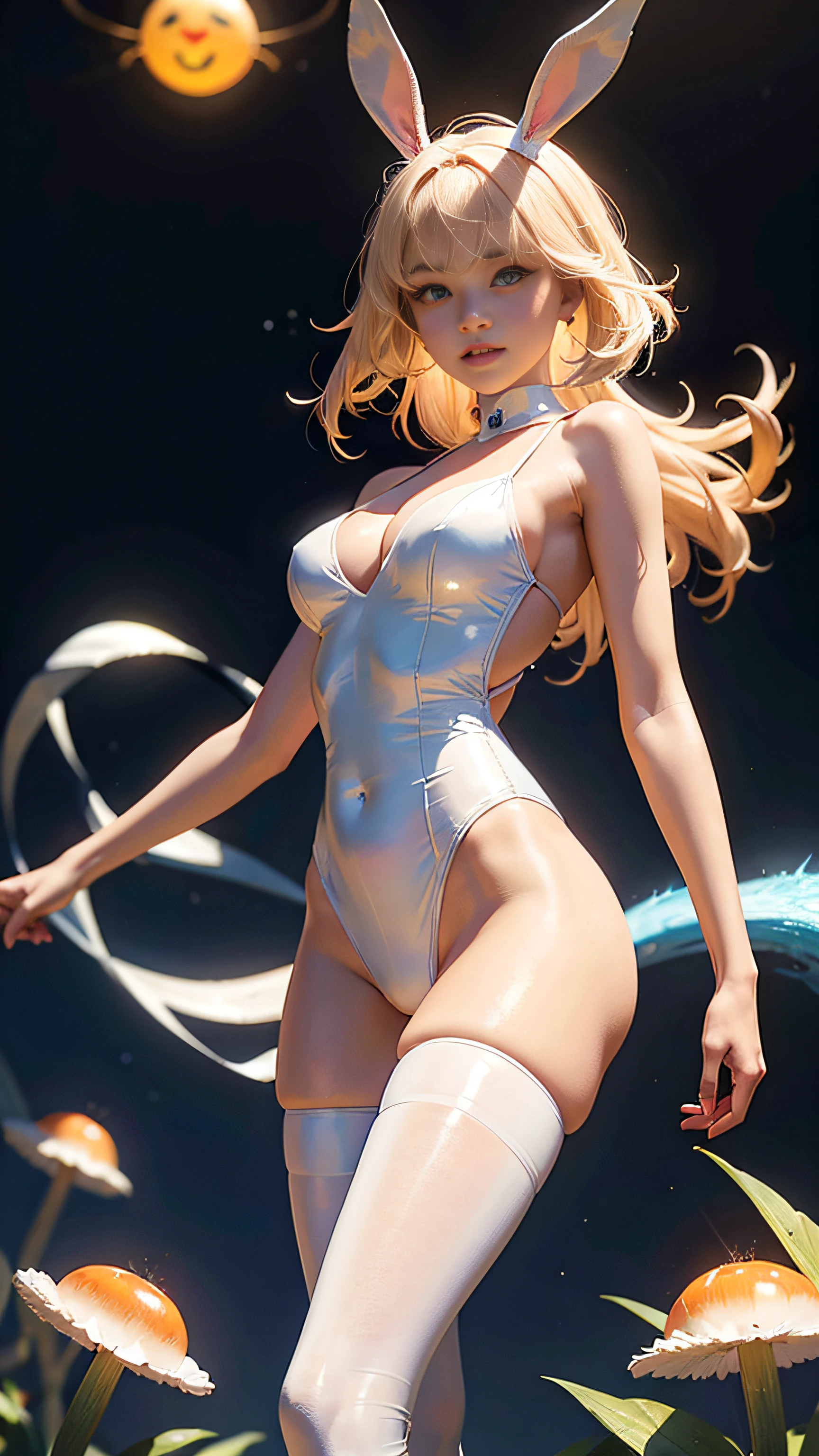 Super beautiful glowing big eyes, ((Bunny Girl)), portlate、 ((top-quality)), ((masterpiece)), ((realisitic)), (detaileds), Reflective Luminous White:1.5, Texture glossy orange:1.3, 1 Sticky jumpsuit(cammel toe)beautiful young woman with, A sexy, A lot of glowing neon mushrooms, a Mandala, Cinematic, sharp, Ray traching, cheerfulness, Lightness
