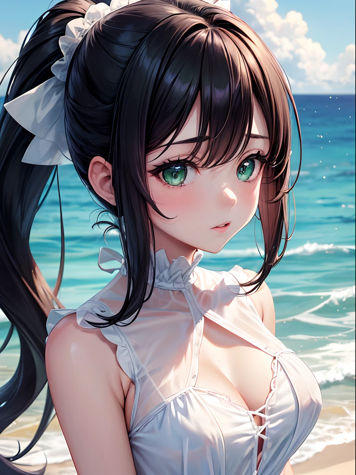 NFSW, 1 Lady,  Face, (((1 Lady:1.37, Solo))), (((Close-up of face))), (Beautiful face, Cute face, Detailed face), ((( Black hair, Semi-long hair, Hair pulled back, poneyTail))), (((Detailed beautiful green eyes))), BREAK, (((Sunny))), (((in beach))), (((White sheer blouse, Microblouse, Sleeveless, Breasts wide open))), BREAK, extremely detailed CG unified 8k wallpaper, very fine 8KCG wallpaper, anime moe art style, Anime visuals of cute girls, anime style portrait, In an anime style, Beautiful anime, 8K Anime Art Style, In anime style、8K animation with detailed drawings, (​masterpiece, Best Quality), High resolution, Ultra-detailed, ultra-sharp, Cinematic lighting