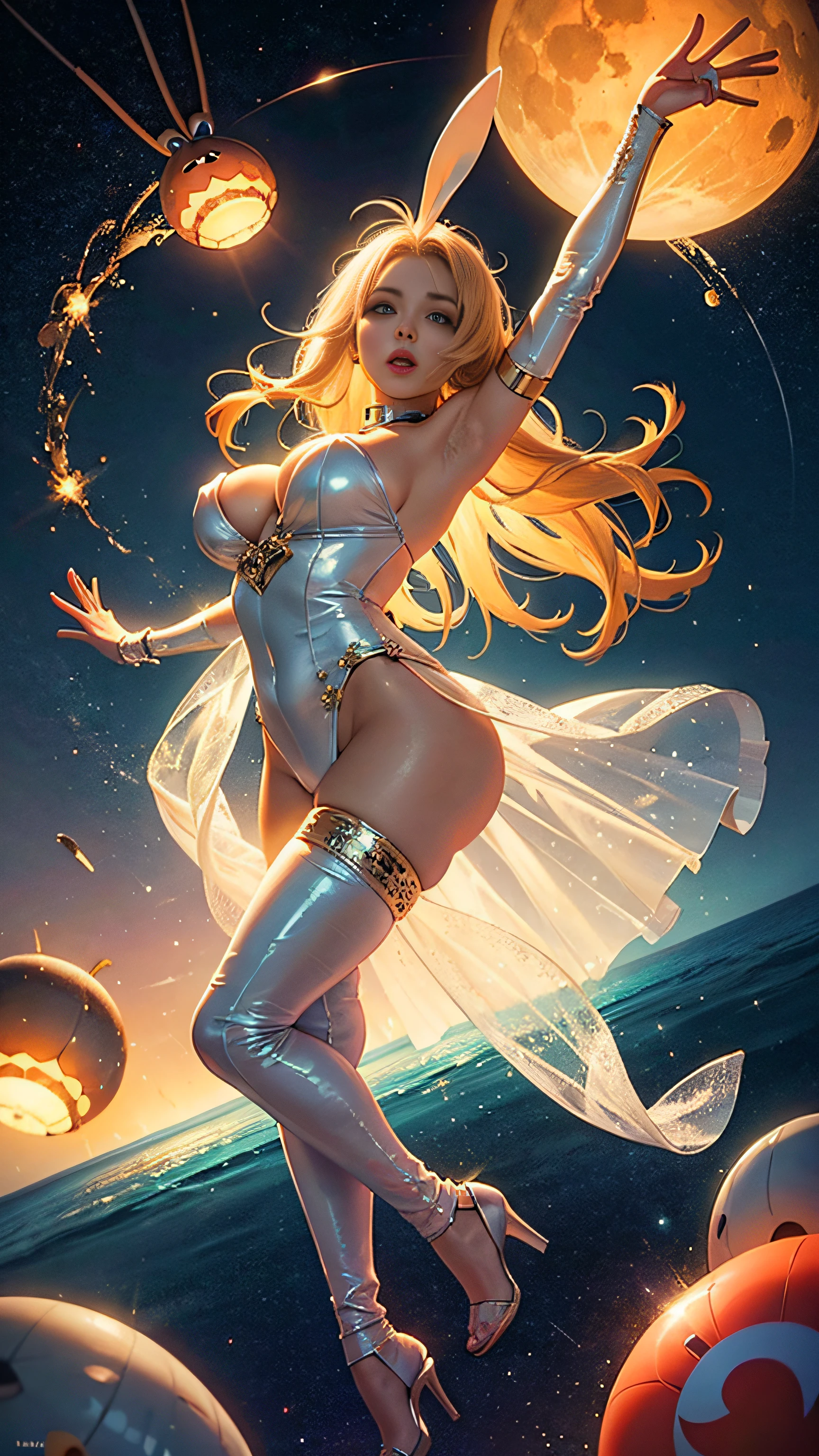 Super beautiful glowing big eyes, ((Bunny Girl)), portlate、 ((top-quality)), ((masterpiece)), ((realisitic)), (detaileds), Reflective Luminous White:1.5, Texture glossy orange:1.3, 1 Sticky jumpsuit(cammel toe)beautiful young woman with, A sexy, A lot of glowing neon mushrooms, a Mandala, Cinematic, sharp, Ray traching, cheerfulness, Lightness