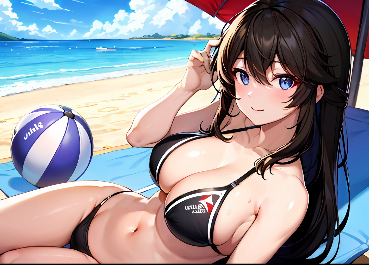 masterpiece, best quality, ultra-detailed, illustration, warm lighting, bright colors, 1girl, (shin_jia), bangs, black_hair, blue_eyes, hair_between_eyes, long_hair, solo,
beach, sun, sand, water, ocean, beach ball, sunshine, bathing suit, bikini, swim wear, volley ball, towels, drinks, umbrella, lying down,