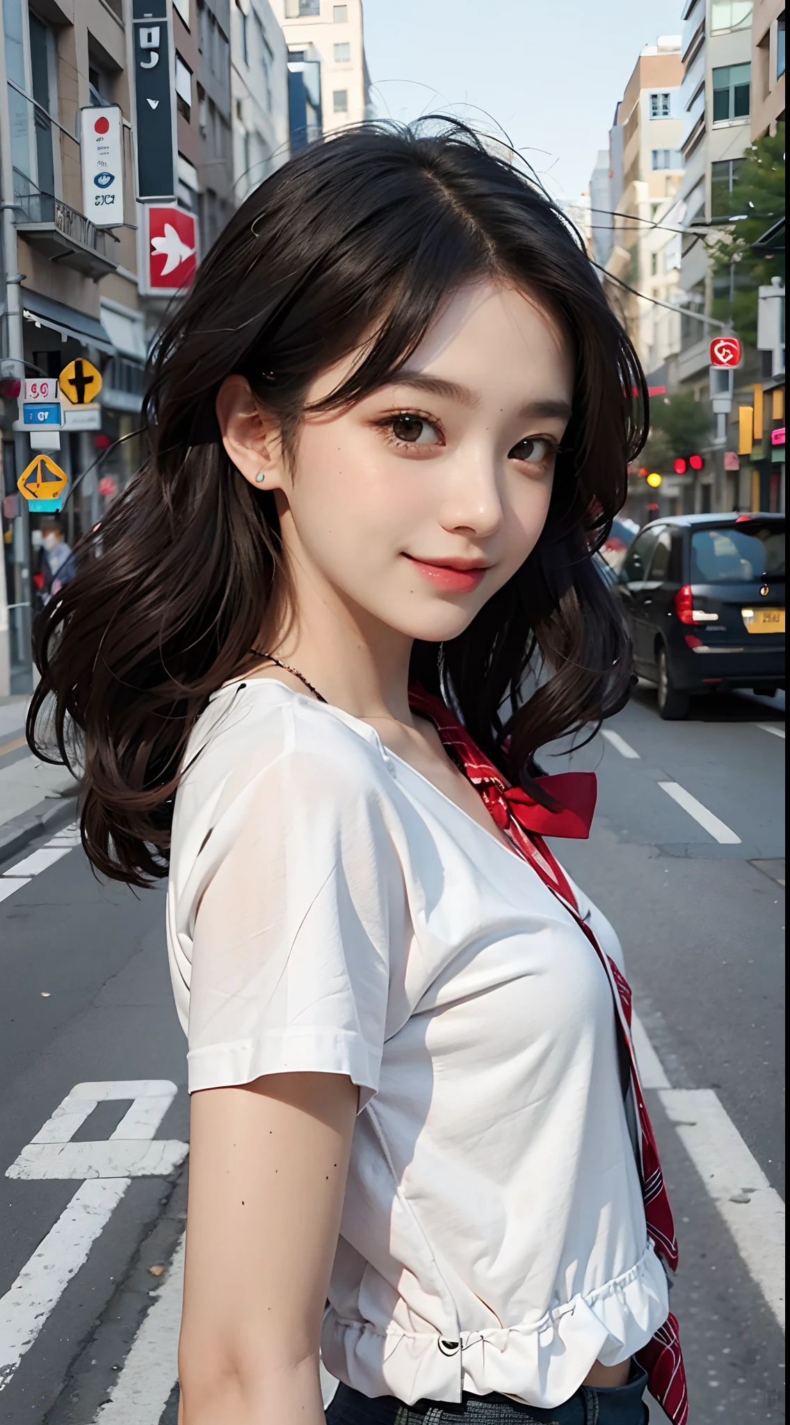 Beautuful Women、Turn around in the middle of the street、a smile、student clothes