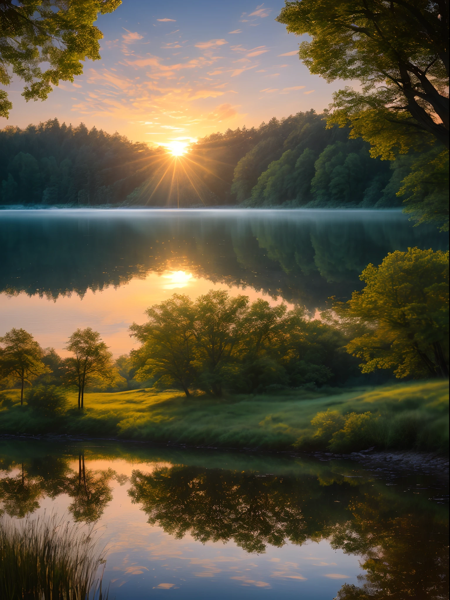 Wallpaper, summer, lake, dawn, forest, clouds, dawn background, depth of field, HD detail, hyperdetail, cinematic, soft light, deep field focus bokeh, ray tracing, diffuse (ultra-fine glass reflection) and realism. --v6