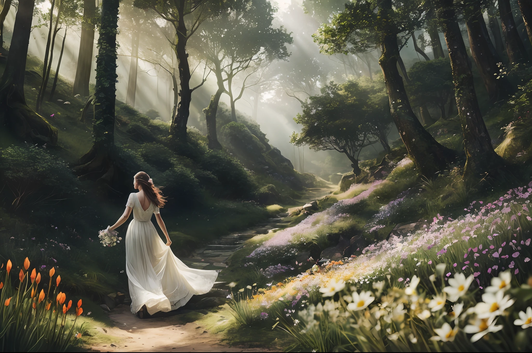 (Masterpiece: 1.2), (Best Quality), Detailed, UHD, Cinematic Lighting, Sharp Focus (Illustration: 1.1), Intricate, (Young Woman Walking Picking Flowers: 2), On a Forest Slope, Under a Mountain, large trees covered in undergrowth, the environment transmits tranquility