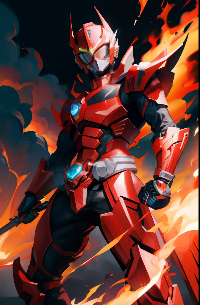 "Left side: Kamen Rider, wearing sleek black armor with a dragon belt, brandishing a fierce fiery weapon, and sporting a menacing red visor. Standing tall above a city ablaze with flames. Right side: Kamen Rider Ohma Zi-O."