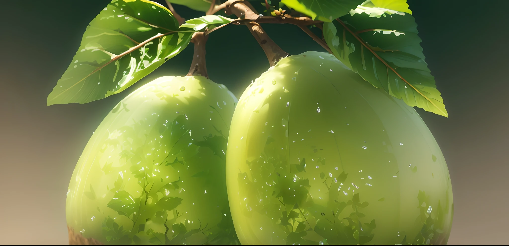 Green pears are covered with branches，Small animals are frolicking，Anime is beautiful