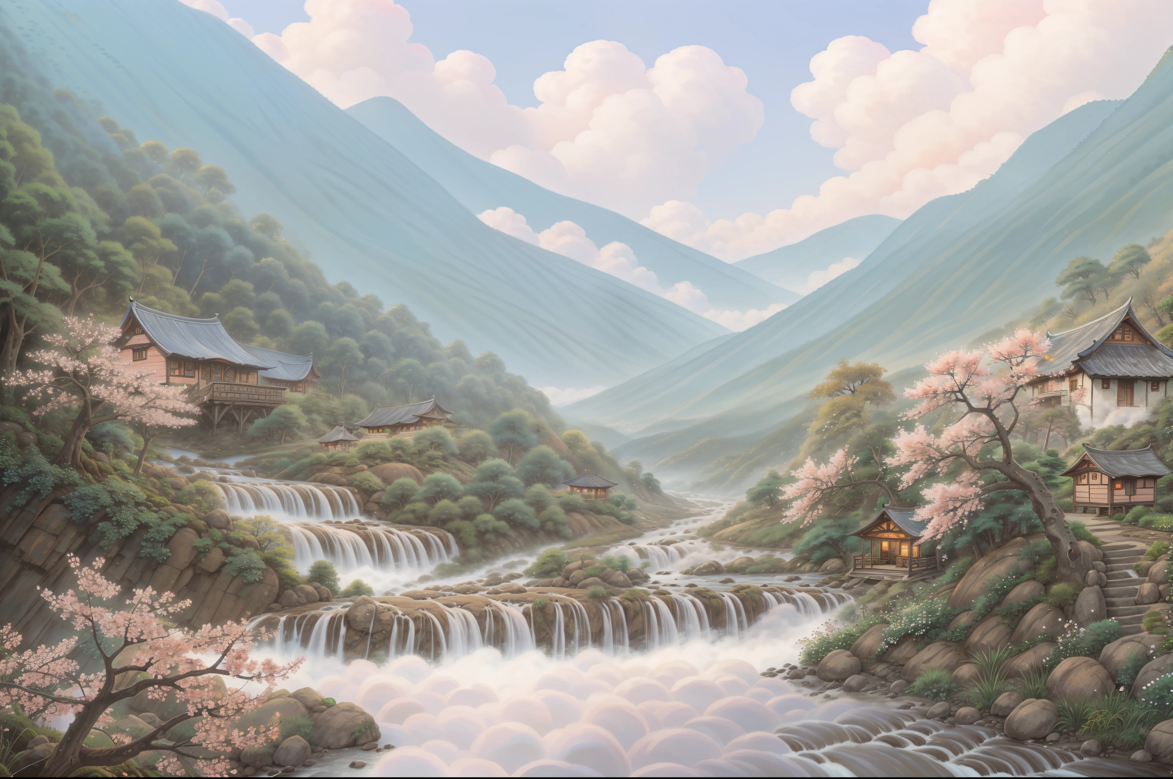 tmasterpiece,best qualtiy,(Highly detailed CG unified 8K wallpaper),(Better quality),(Better illustrations), Pink peach blossoms,koyama,small village,Four or five small houses,(((Peach Blossom Forest))),(((peach blossom))), Mountain path with small stone steps,small stream,small waterfalls,High hills,Far Mountain,Cloud fog,(idyllic))