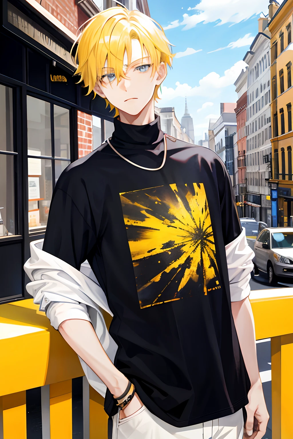 1 boy,cool guy,Yellow-haired,comma hair,Forehead comma hair,Street style,shiny,eBlue eyes,looking at viewert,The upper part of the body,MagazineCover