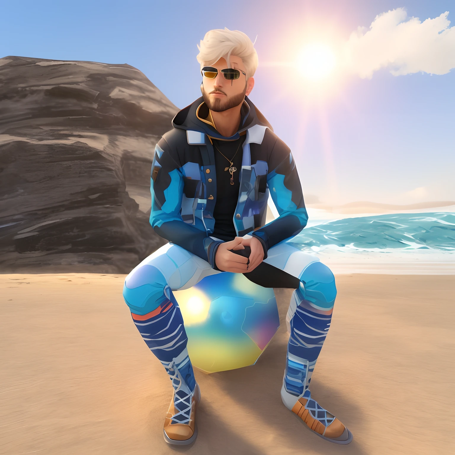 there is a man sitting on a beach ball with a hat on, second life avatar, sitting at the beach, sitting on the beach, stylish pose, sitting on a martian rock, dune style, inspired by Nelson Alexander Ross, took on ipad, at the beach, inspired by Amir Zand, at a beach, sitting down, posing on a beach with the ocean change background cyberpunk handsome boy realistic face