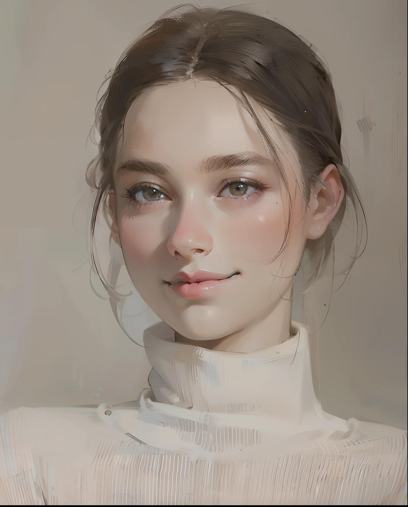 Arad woman posing for a photo in a white turtleneck sweater, Brown eyes,cute delicate face, soft flawless pale skin, beautiful aesthetic face, portrait cute-fine-face, beautiful delicate face, dilraba dilmurat, high quality portrait, Soft portrait shot 8 K, girl cute-fine face, pale glowing skin, A beautiful young woman, cute young woman