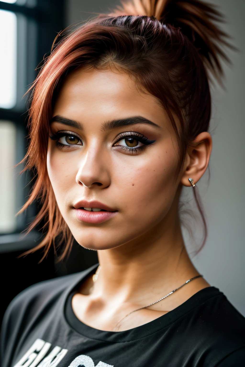 photo of (CyberDutch_V2:0.99), a woman as a sexy TikTok influencer, modelshoot style, (extremely detailed CG unity 8k wallpaper), photo of the most beautiful artwork in the world, professional majestic (photography by Steve McCurry), 8k uhd, dslr, soft lighting, high quality, film grain, Fujifilm XT3 sharp focus, f 5.6, High Detail, Sharp focus, dramatic, (wearing a punk t-shirt), (looking at viewer:1.2), (detailed pupils:1.3), (natural light), (closeup:1.2), (seductive)
