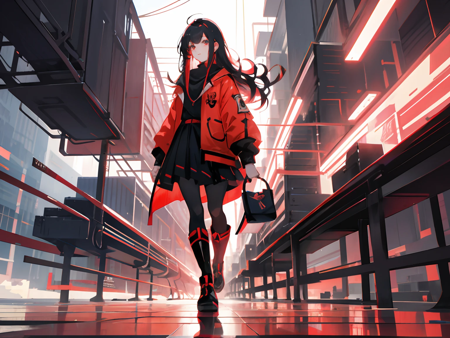 1girll，long leges，Red and black shirts，Red and black skirt，Red and black mechanical windproof boots，Large red and black trench coat，Long black hair，red color eyes，stand posture，Black two-fingered gloves，HighestQuali,4K，Chinese girl design，Genshin detailed art，Anime character design，anime concept art，pretty anime character design，anime character reference sheet，[character  design]，4K，the detail，HighestQuali，Red particles，Red，bloods，eventide