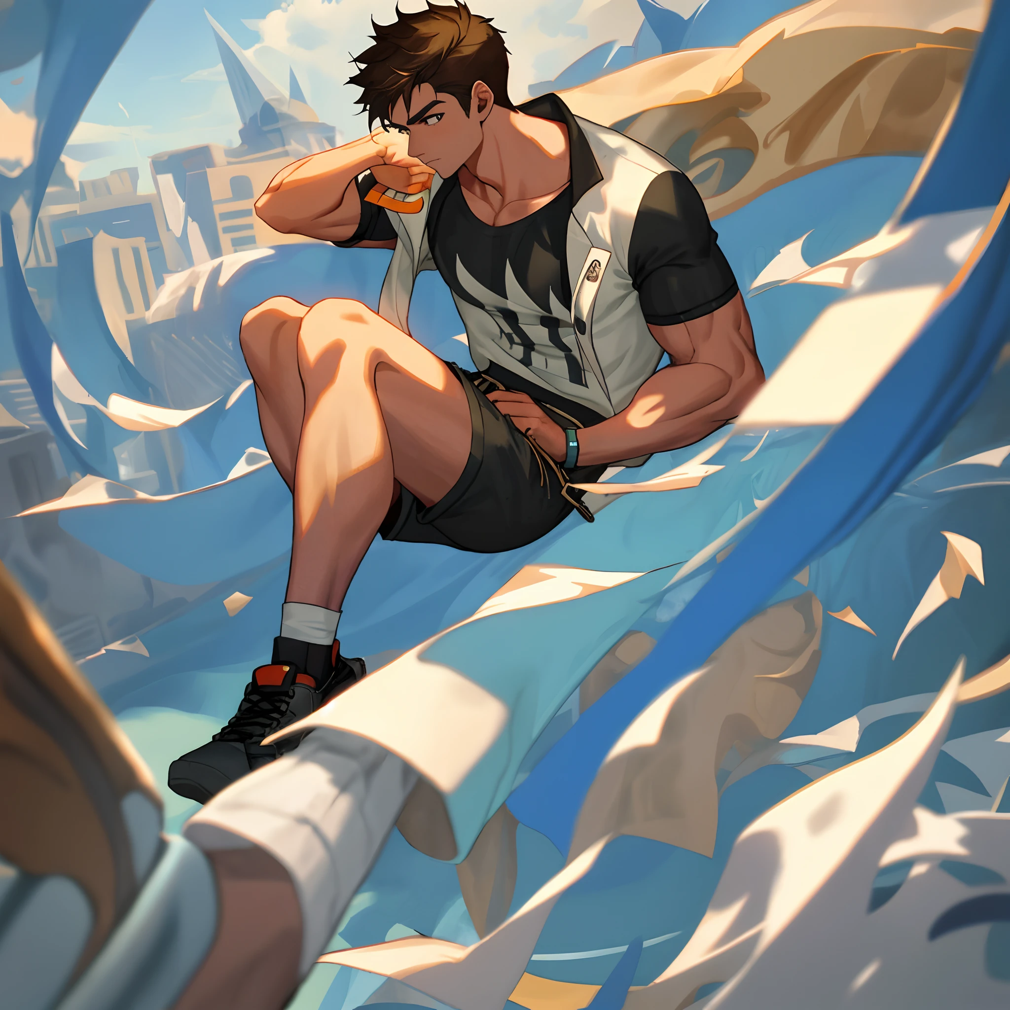 A boy,Handsome looking,wearing a T-shirt and shorts,The legs are covered with a plaster cast