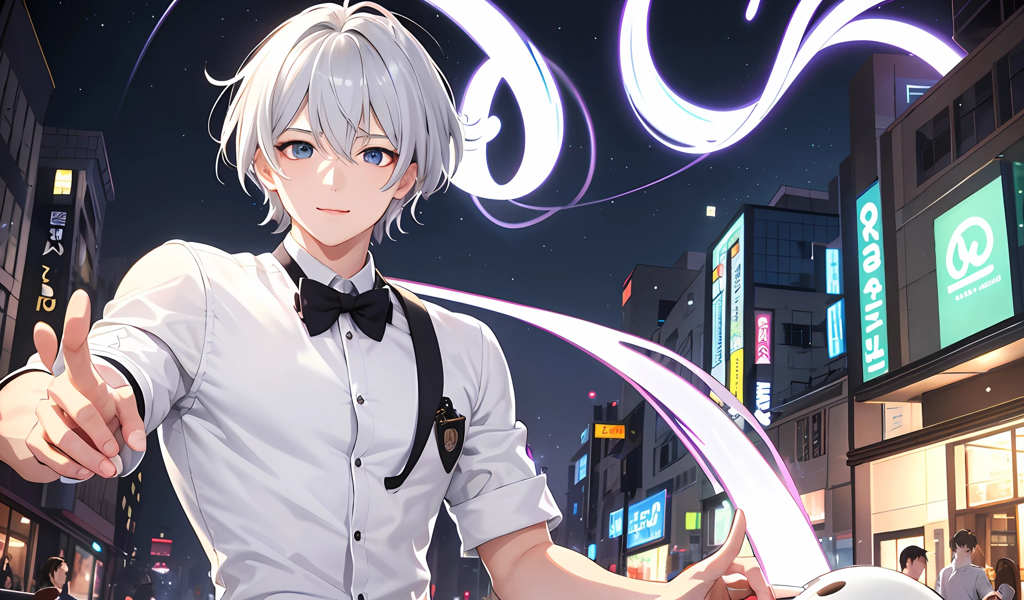1 boy，silber hair，Handsome，anime big breast，Cracked eyelid hairstyle，Handsome，年轻，white  shirt，the night，ssmile，High Street