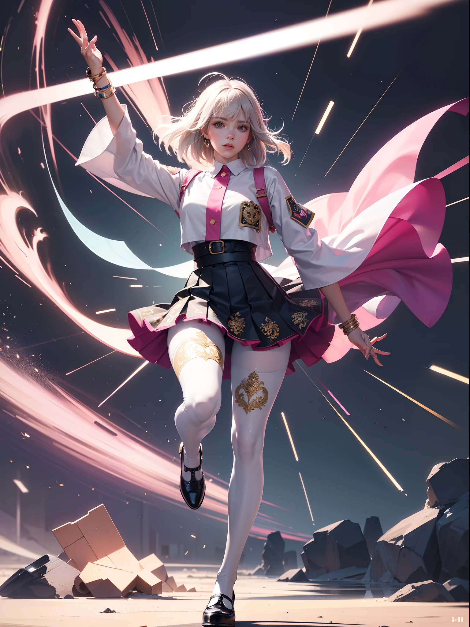 (full body:1.5),(1girl:1.3),(looking at viewer:1.4),(anatomy correct:1.3),(In the paradise of the day:1.3),(Roman Empire style,Wearing Very thick Printed Pantyhose and JK Student Dress Printed Pleated Skirt and JK uniform leather shoes,and a large amount of jewellery :1.3), (A high jump posture:1.3),(In pink|amarelo|blue colors|green color|red colour|white colors|black in color|purpleish color|greys|Beige|Flesh color 1.4),,(Accurate and perfect face:1.4),(Clothing Gloss:1.25),(Skin reflection:1.25),hyper HD, Ray traching, reflective light,structurally correct, Award-Awarded, high detal, lightand shade contrast, Face lighting,cinmatic lighting, tmasterpiece, super detailing, high high quality, high detal, best qualityer, 16k,high contrast,