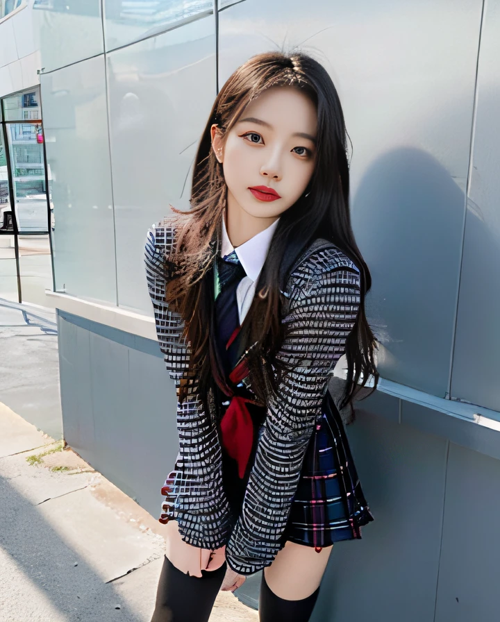 Arafed Mujer con cabello rosado y una falda a cuadros posando para una foto, usar falda y calcetines altos, Hermosa Delphine, ulzzang, pose casual, muslos y falda, vestida como colegiala, Sakimichan, Colegiala, Uniforme JK, foto del atuendo, Parque Roseanne de Blackpink, con cabello largo y rubio, Pose linda