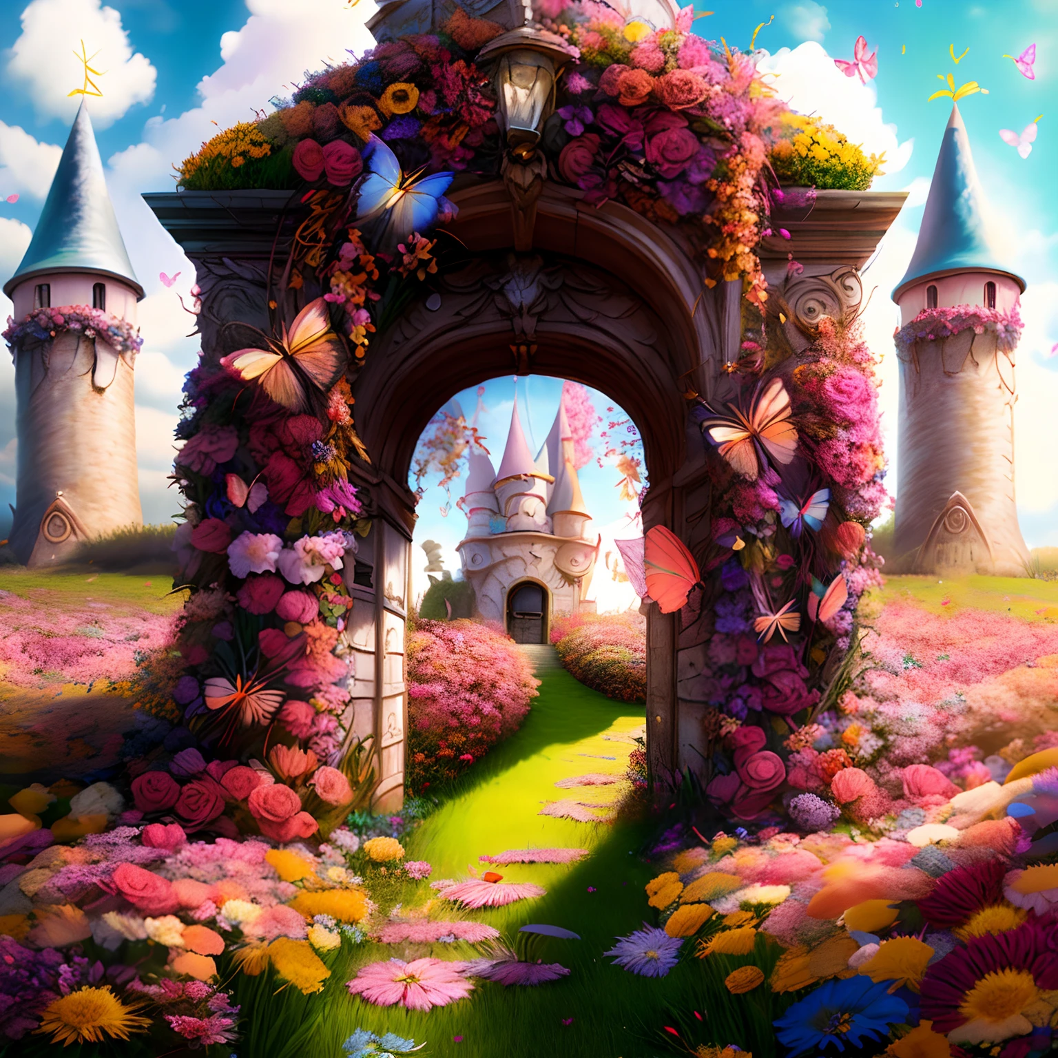 photo (FlowerGateway style:1) the entrance to a castle is surrounded by flowers, butterflies, bugs, dragonflies,