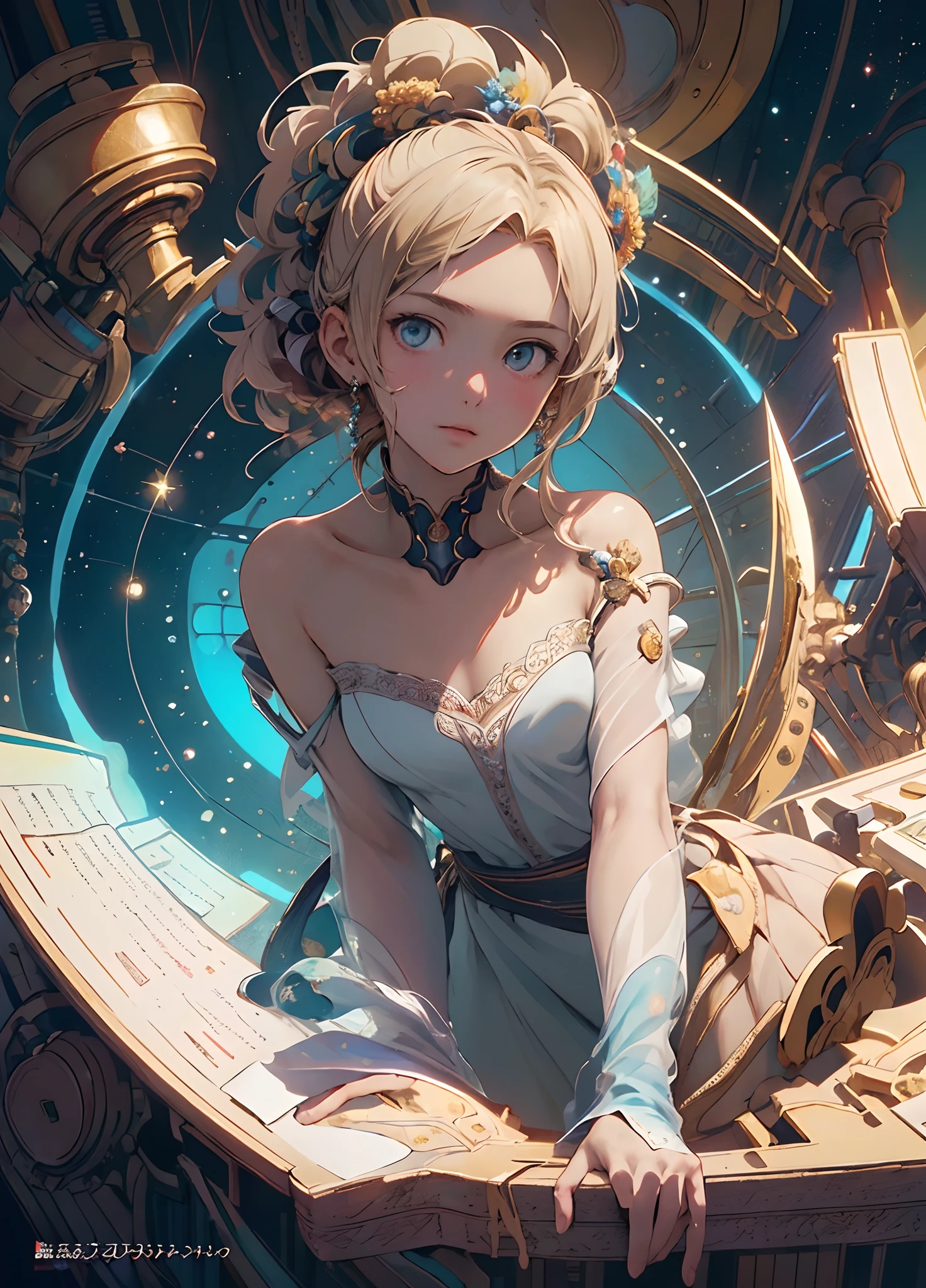 (Masterpiece, Top Quality, Best Quality, Official Art, Beautiful and aesthetic:1.2), (1Girl), Posture for having sex, Extreme Detailed, highest details, Very complex, Not wearing clothes, , kosmos, Planetary explosion background,looking up at viewer,From below,close-up,realisitic:1.2, angelic, holy light