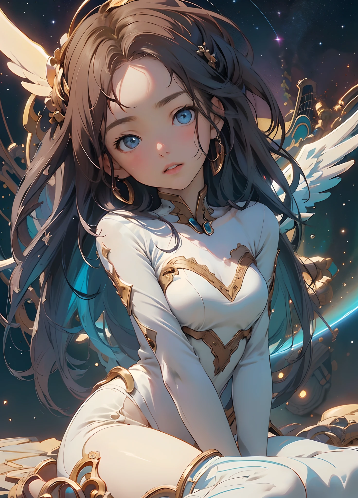 (Masterpiece, Top  Quality, Best Quality, Official Art, Beautiful and aesthetic:1.2), (1Girl), Posture for having sex, Extreme Detailed, highest details, Very complex, Not wearing clothes, , kosmos,  Planetary explosion background,looking up at viewer,From below,close-up,realisitic:1.2, angelic, holy light