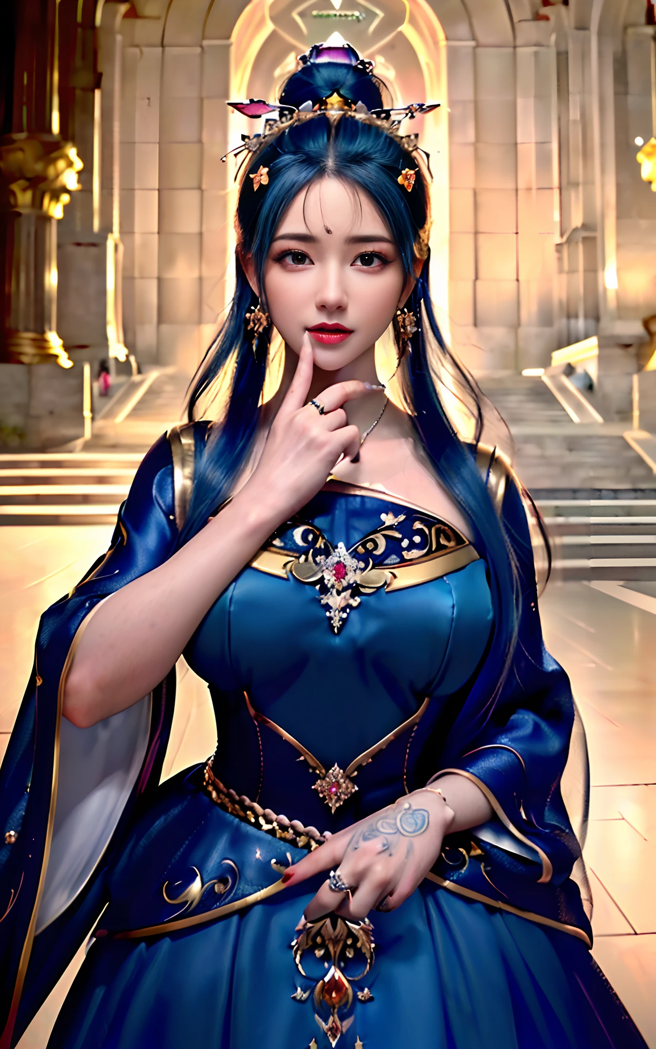 ((realisticity: 1.2)), ((realistic: 8K UHD)), ((best resolution: 8K UHD)), hyper detailed, best quality,masterpiece,highres,cg, ((1 girl hyper detailed and hyper realistic) ) , ((beautiful queen, hyper realistic and hyper detailed)),((white skin, beautiful, smooth, youthful, hyper realistic and hyper detailed )), ((Face hyper beautiful, white, hyper realistic and hyper detailed ) ), long hair, ((hyper realistic and hyper detailed dress)), solo, ((hyper realistic, hyper beautiful, beautiful and hyper detailed jewelry)), ((hyper beautiful deep red and golden yellow dress, hyper realistic and hyper detailed )) , ((Her pretty, hyper realistic, hyper detailed diamond filled earrings)), ((Her gorgeous diamond haircut, hyper realistic and hyper detailed)), ((hyper pretty upper body, hyper beautiful, hyper realistic and hyper detailed) ), ((medium breast: 1.1)), ((hyper realistic, hyper pretty, hyper detailed boobs)), ((the backgroun of the royal palace is hyper majestic, hyper realistic and hyper detailed)),((hands and palms hyper beautiful, hyper detailed, hyper realistic)), ((hyper detailed and hyper realistic fingers and fingernails)), ((hyper pretty fingernails, hyper vivid, hyper detailed, hyper realistic)), ((thumb, index finger, middle finger, ring finger, little finger hyper vivid, hyper pretty, hyper detailed, hyper realistic)),
((hyper beautiful fingers, hyper detailed, and hyper realistic)), ((posture not too fat and not too thin, hyper realistic, hyper detail)), ((hyper pretty, hyper pretty, hyper realistic and hyper detailed hair bun)), ((hyper pretty , hyper realistic and hyper detailed blue hair)), candid, Photo, high resolution, 8k , bokeh,