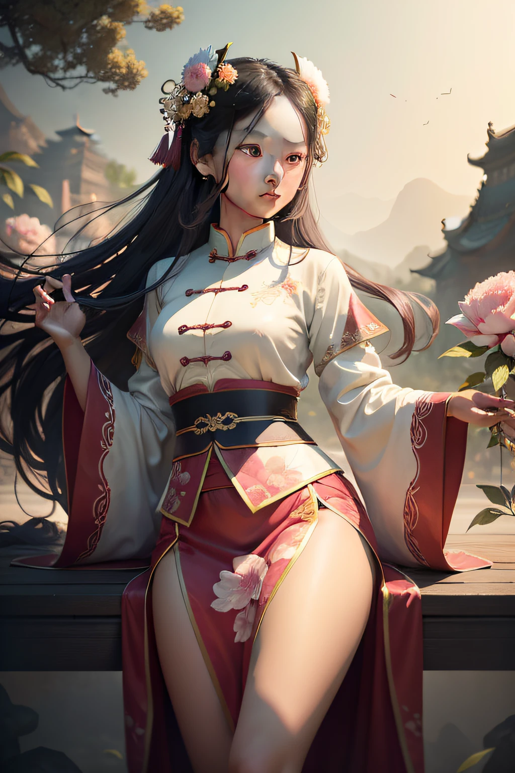 A beautiful Chinese girl, wearing peony hair accessories, wearing ancient Chinese clothing, beautiful details, rich light, beautiful female body, lancet eyebrow, meticulous eyes, flowing skirt, floating clouds, watercolor, ink painting, harmonious and unified tone, Xin Qi rendering, perfect art, fresh color background, ancient Chinese artist Qiu Ying style, soft shadow, Clean sharp focus, cinematography, center composition, poster design, cinematography, Panorama, 32K, -- v 6